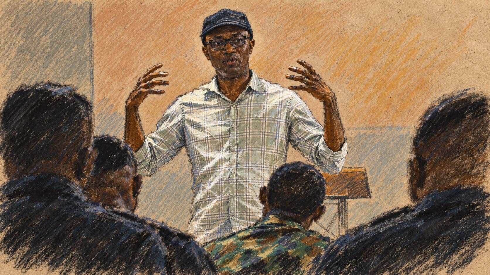 Courtroom-sketch editorial illustration of an archival January 2023 Nigerian police forensic instructor gesturing while teaching seated police and naval personnel in Lagos, rendered in warm ochre and slate-blue pastel strokes. Contextual police-training image, not a depiction of the October 2026 Sagamu rescue, the rescued people or the suspect.