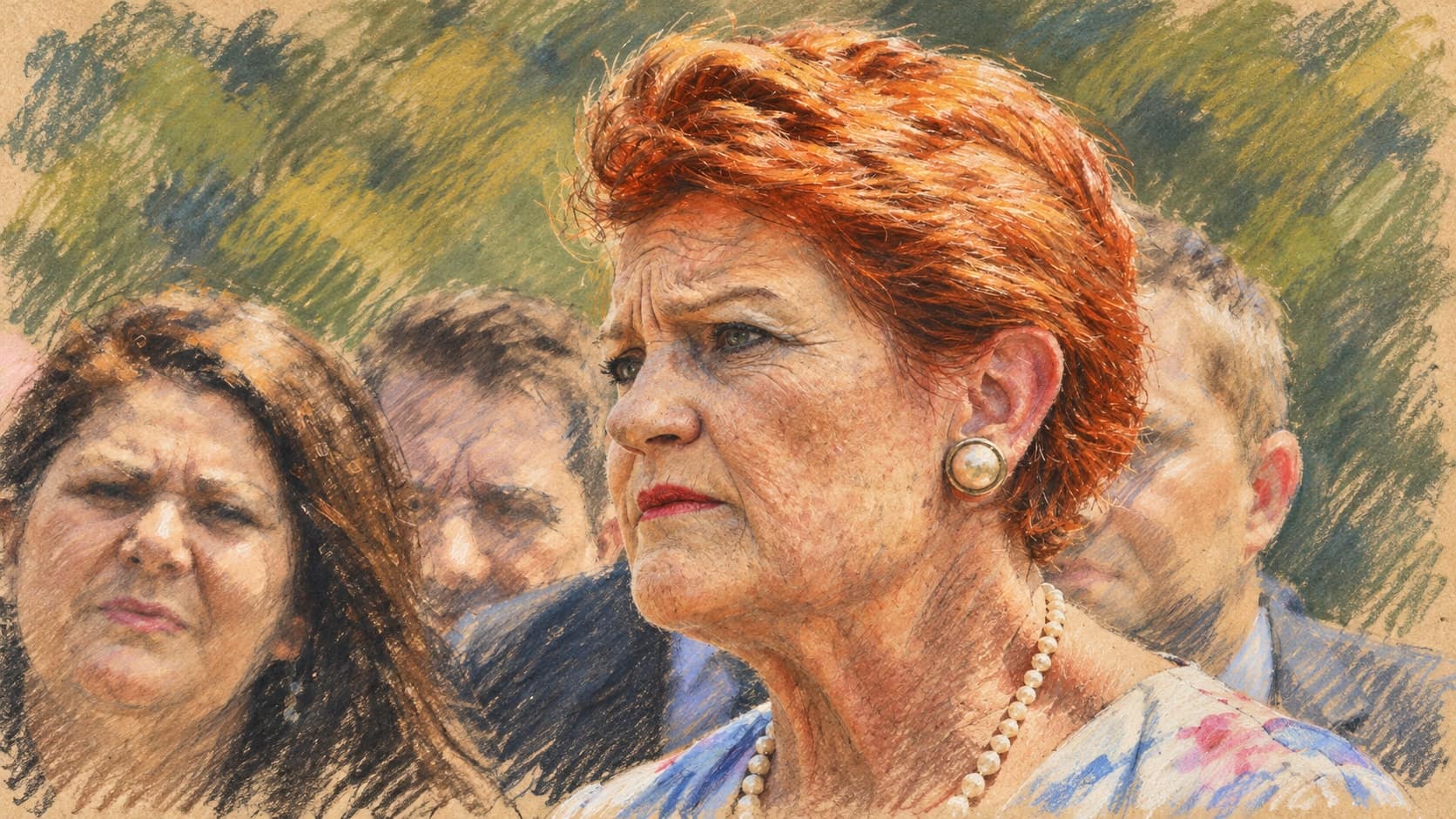Courtroom-sketch editorial illustration of an archival December 2016 close portrait of Pauline Hanson facing left, with several people behind her outdoors; contextual actor portrait, not a depiction of her October 2026 apology, rendered in warm ochre and slate-blue pastel strokes.