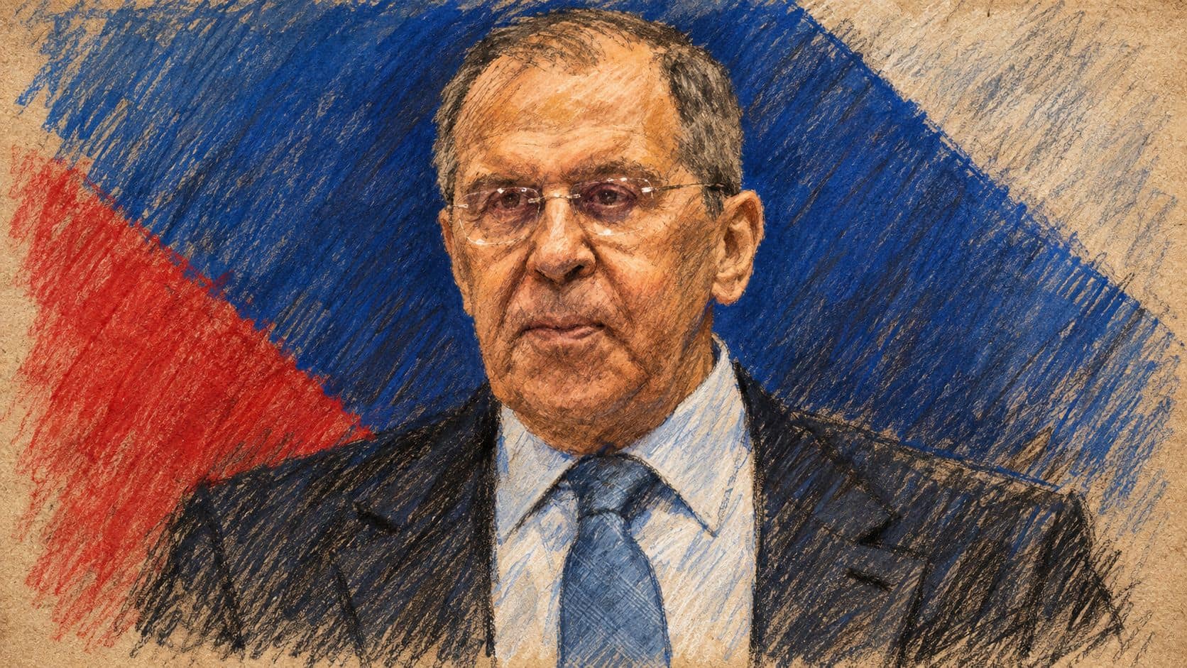 Courtroom-sketch editorial illustration of Sergey Lavrov in glasses, dark suit and blue tie against a Russian flag, based on an archival May 2021 portrait in Reykjavik; contextual portrait, not the October 2026 Tehran meeting.