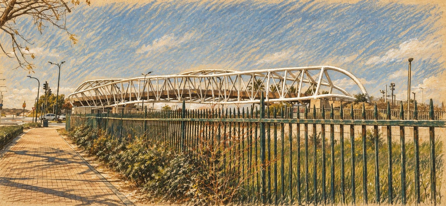 Courtroom-sketch editorial illustration of an archival Netanya footbridge with white trusses, a green fence, a paved path and vegetation; contextual city view, not the crime or arrest scene.