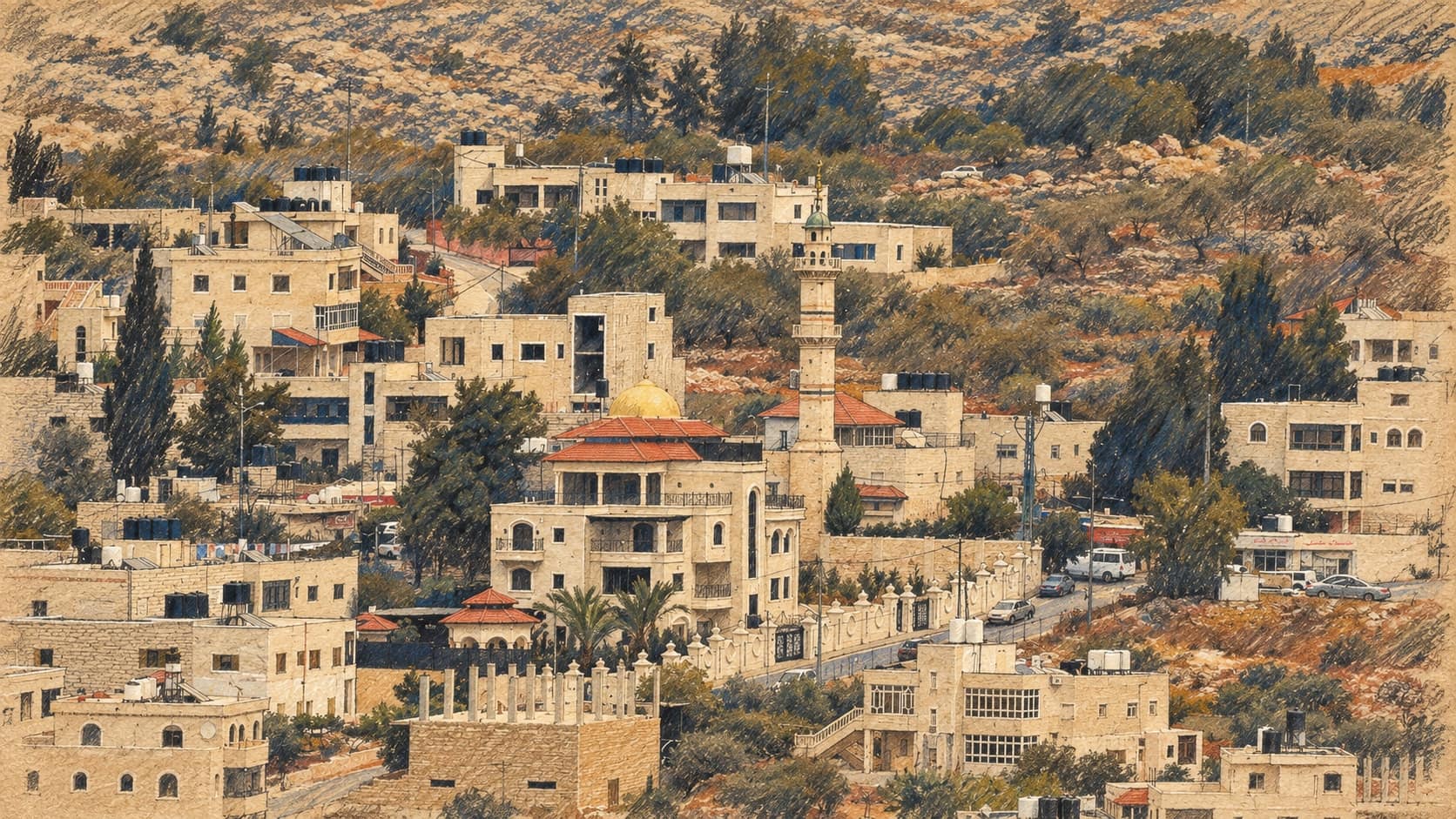 Courtroom-sketch editorial illustration of an archival hillside view of Ein Yabrud with stone houses, a mosque and trees; contextual artwork that does not depict the reported confrontation.