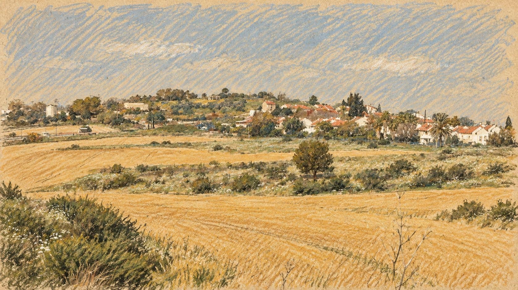 Courtroom-sketch editorial illustration of an archival Shaalvim landscape with fields and village buildings; contextual view, not the emergency drill