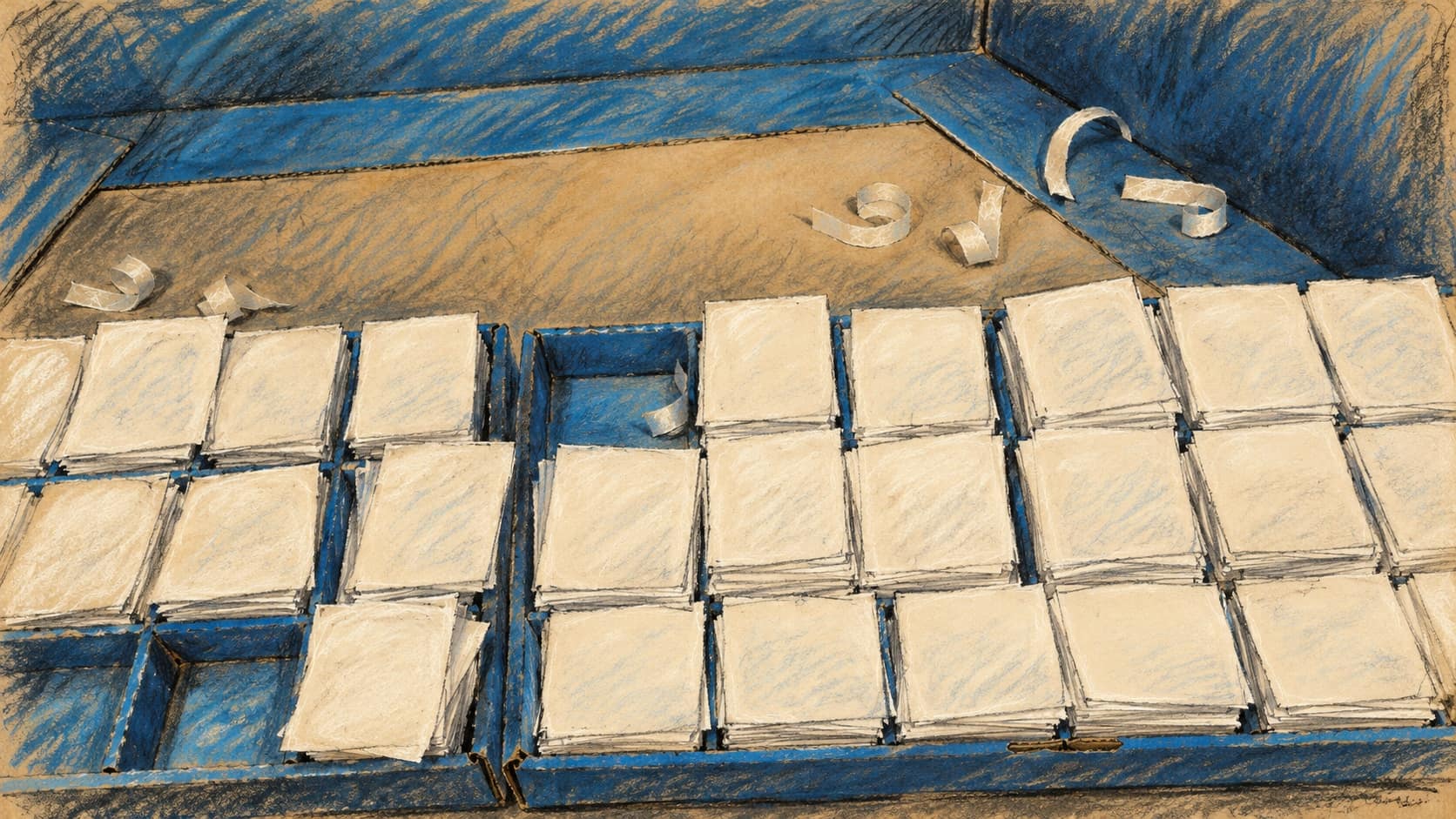 Courtroom-sketch editorial illustration of archival ballot-slip stacks in an empty blue voting booth in Ramat Gan in March 2020; contextual illustration of Israeli voting materials.