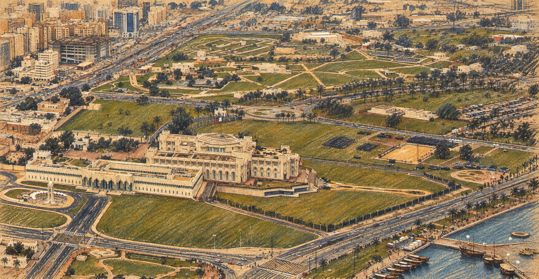 Courtroom-sketch editorial illustration of an archival aerial view of Doha showing a pale stone building, landscaped grounds and the Corniche waterfront; contextual view of Qatar, one reported mediator, rather than a scene of negotiations.