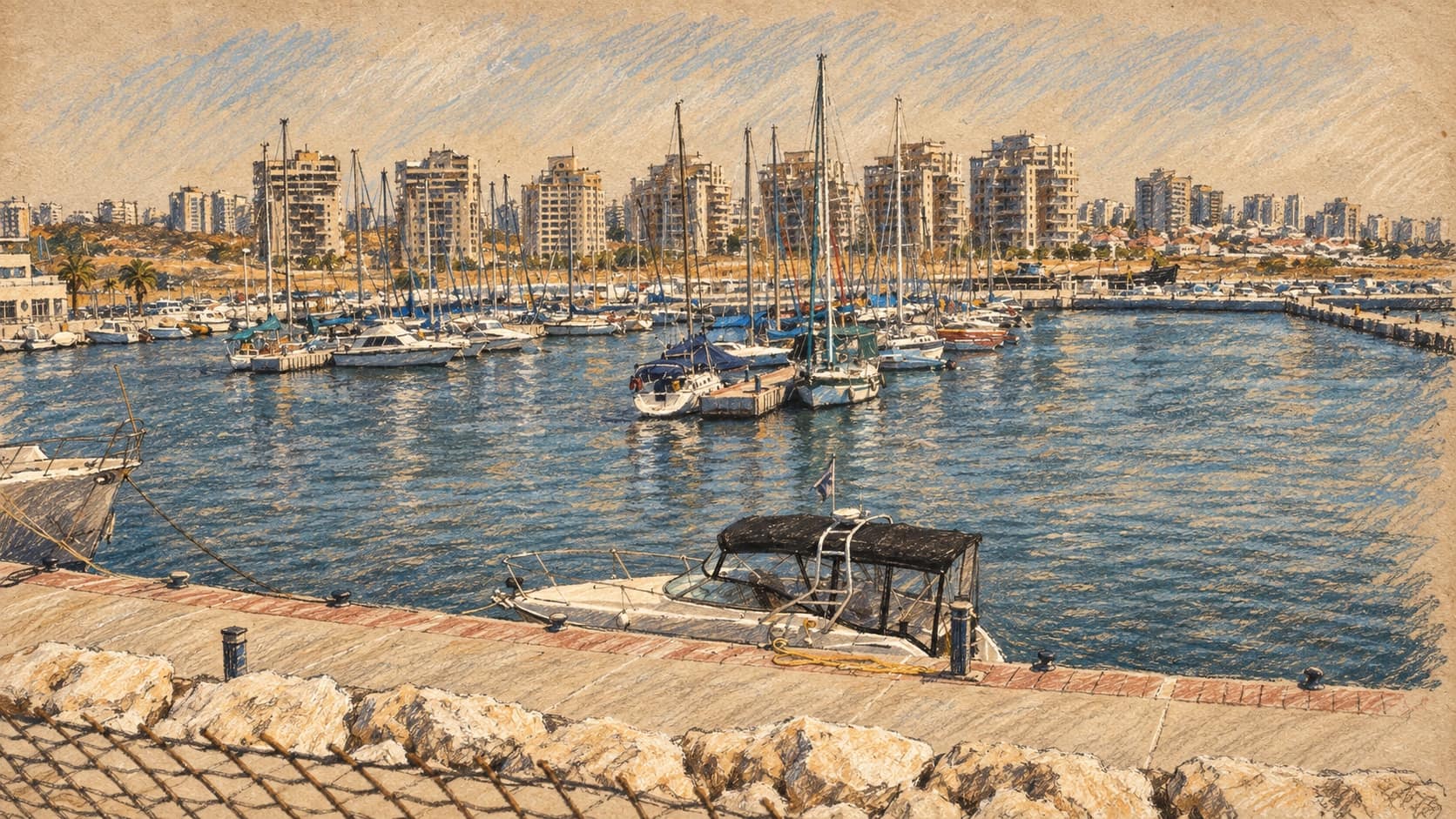 Courtroom-sketch editorial illustration of boats and the apartment skyline at Ashdod marina, based on an archival city view used as geographical context for Rabbi Dov Landau's rally, rather than a depiction of the rally or its venue