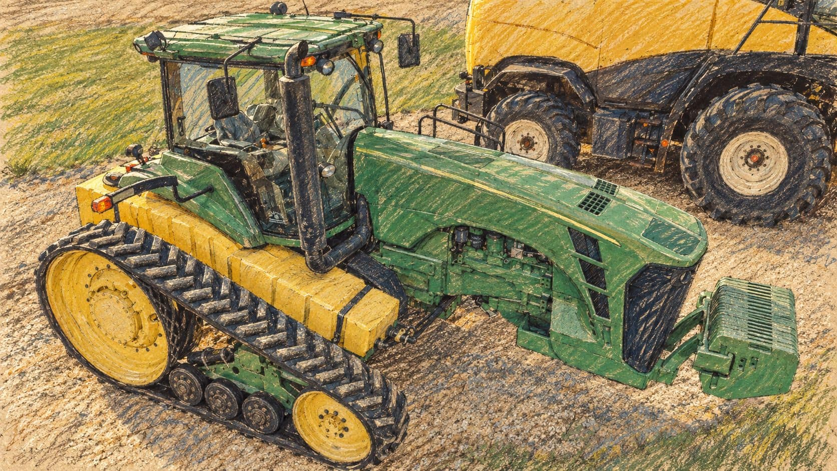 Courtroom-sketch editorial illustration of a tracked agricultural tractor with a harvester behind it on gravel, used as contextual machinery imagery.