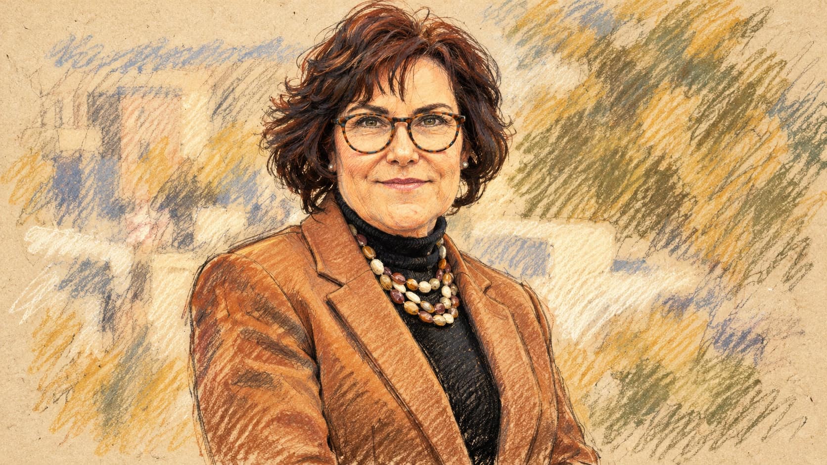 Courtroom-sketch editorial illustration of Senator Jacky Rosen in glasses and a brown blazer outdoors, based on her archival 2022 official portrait; contextual portrait, not the West Bank attacks or arrests.