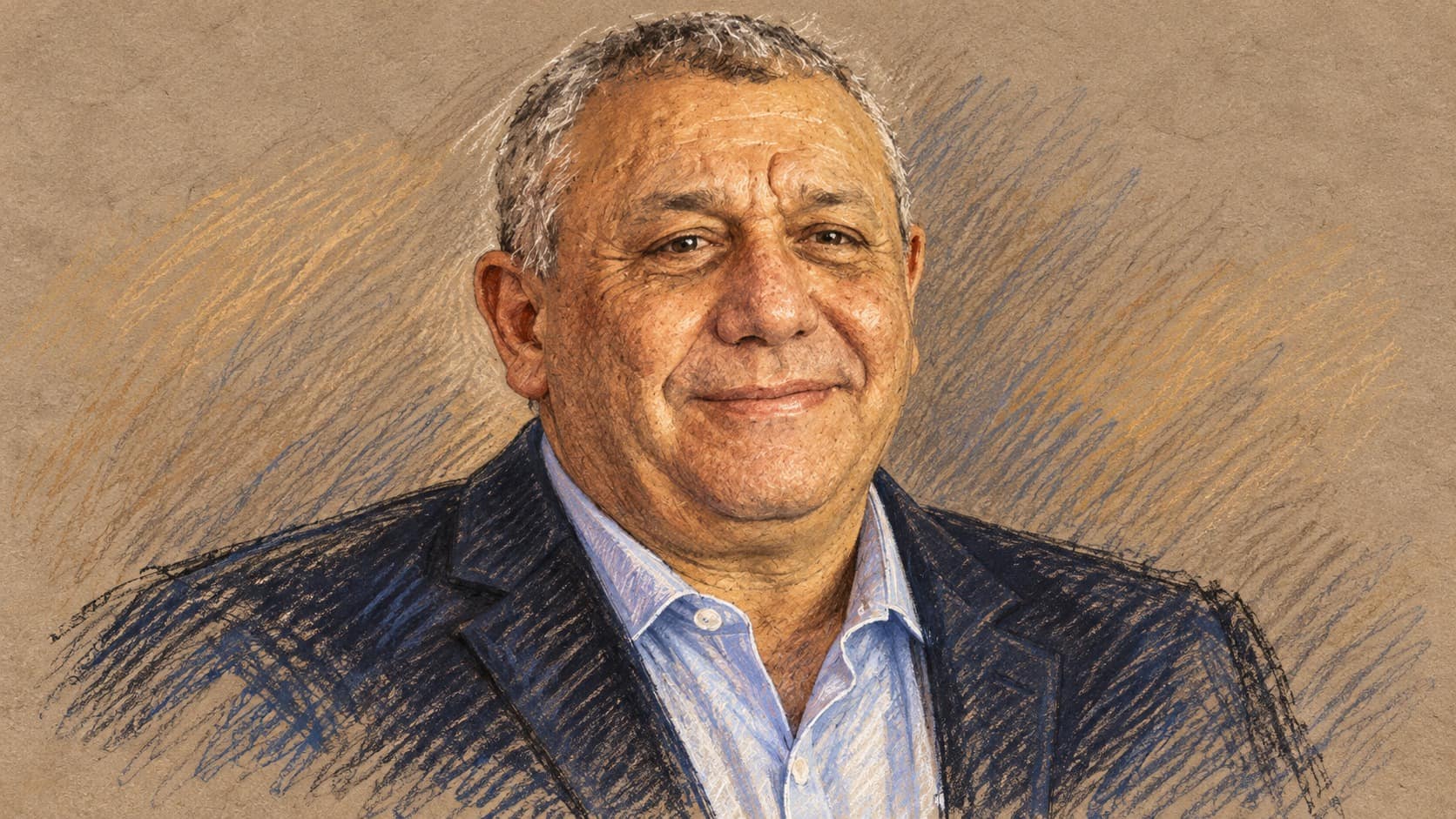 Courtroom-sketch editorial illustration of Gadi Eisenkot in an archival civilian portrait