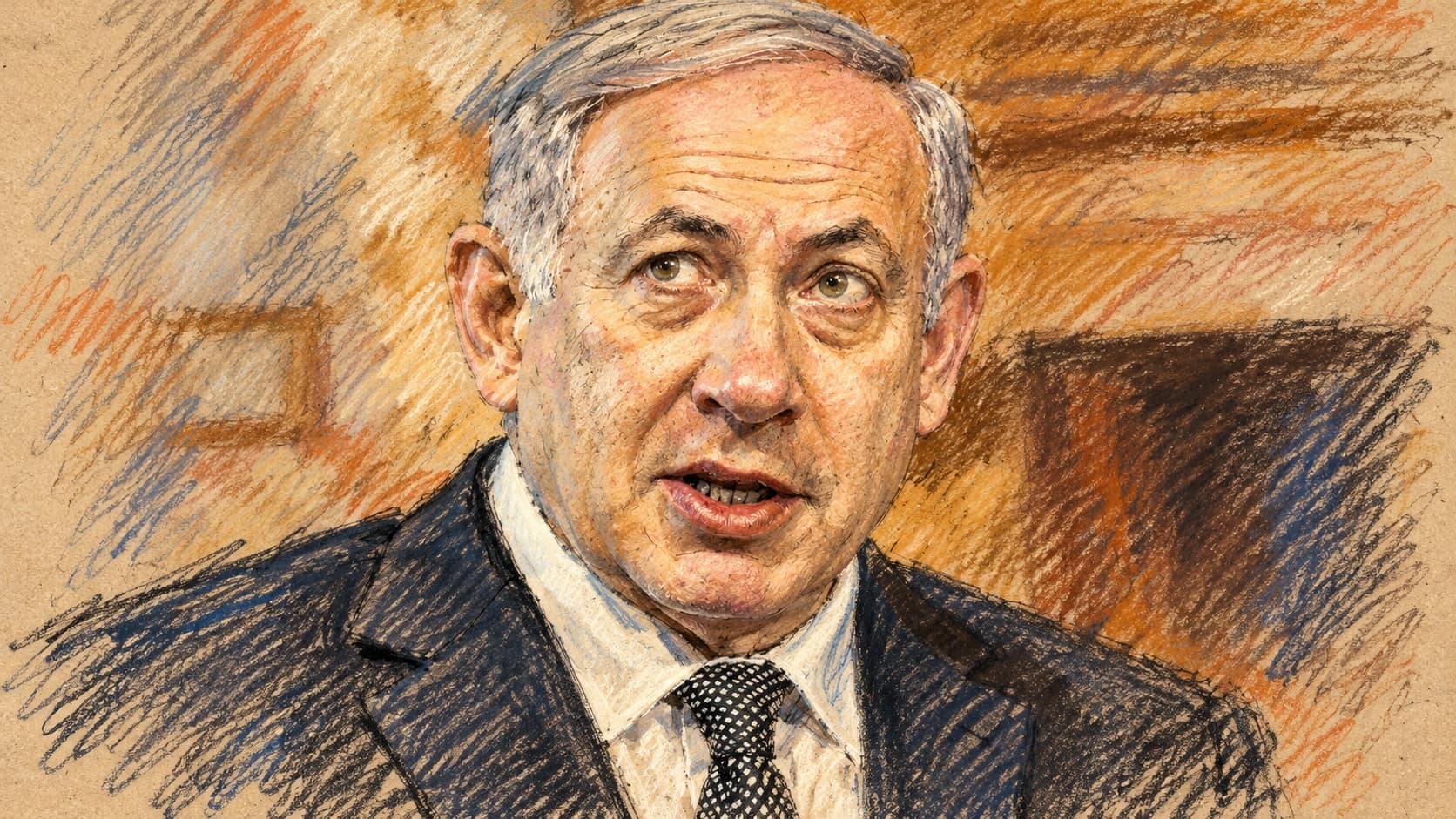 Courtroom-sketch editorial illustration of an archival 2016 solo portrait of Benjamin Netanyahu speaking in a suit and tie against a warm interior; contextual portrait, not the election ruling or campaign filming