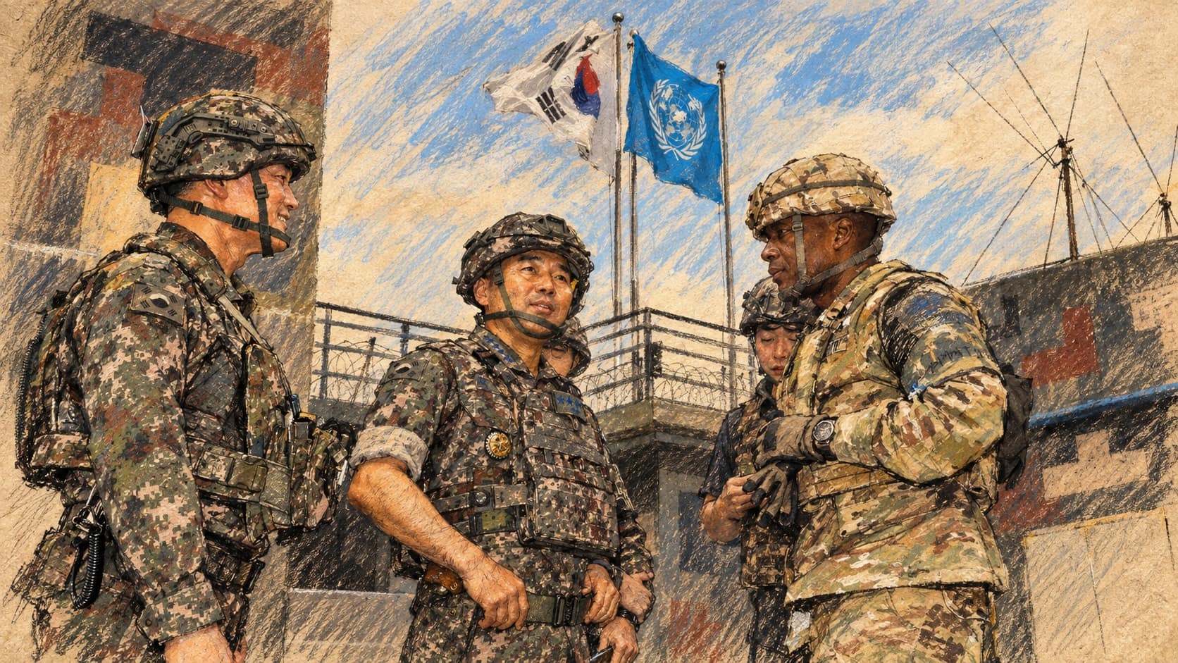 Courtroom-sketch editorial illustration of South Korean Gen. Jin Yong-sung and U.S. Gen. Xavier Brunson with other officers at a Korean DMZ guard post during an archival September 2026 visit, rendered in warm ochre and slate-blue pastel strokes. The appearance of U.S. Department of War visual information does not imply or constitute its endorsement.
