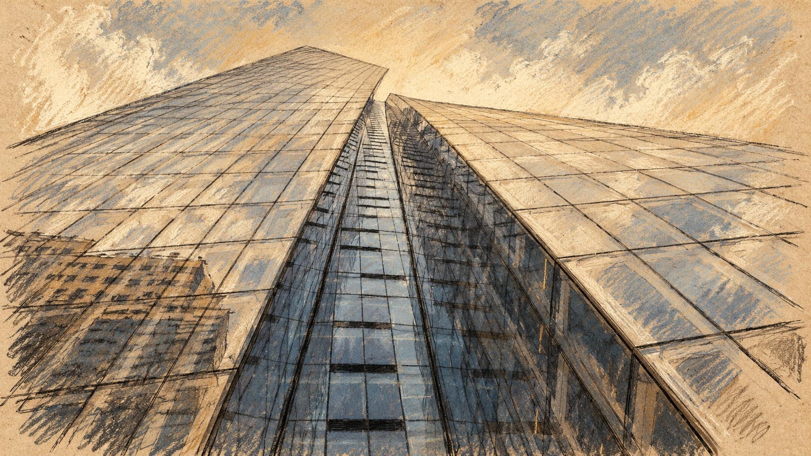 Courtroom-sketch editorial illustration of an upward view of Azrieli Sarona Tower in Tel Aviv, an archival contextual view for the stock-market report