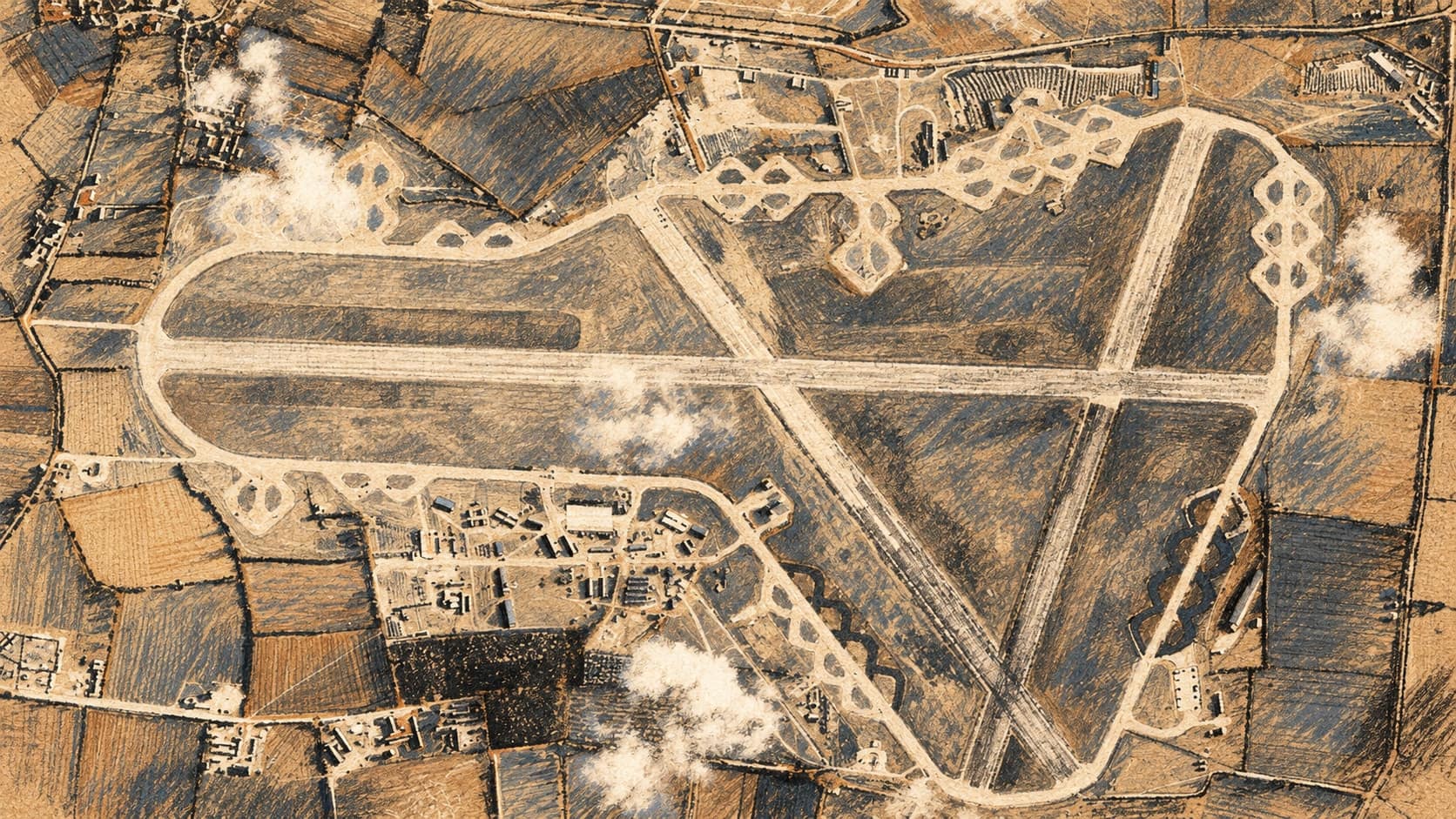 Courtroom-sketch editorial illustration of an archival December 1943 aerial view of RAF Fairford, showing intersecting runways, perimeter taxiways, buildings and surrounding fields, rendered in warm ochre and slate-blue pastel strokes. Contextual location image, not a depiction of the October 2026 incident or arrests.