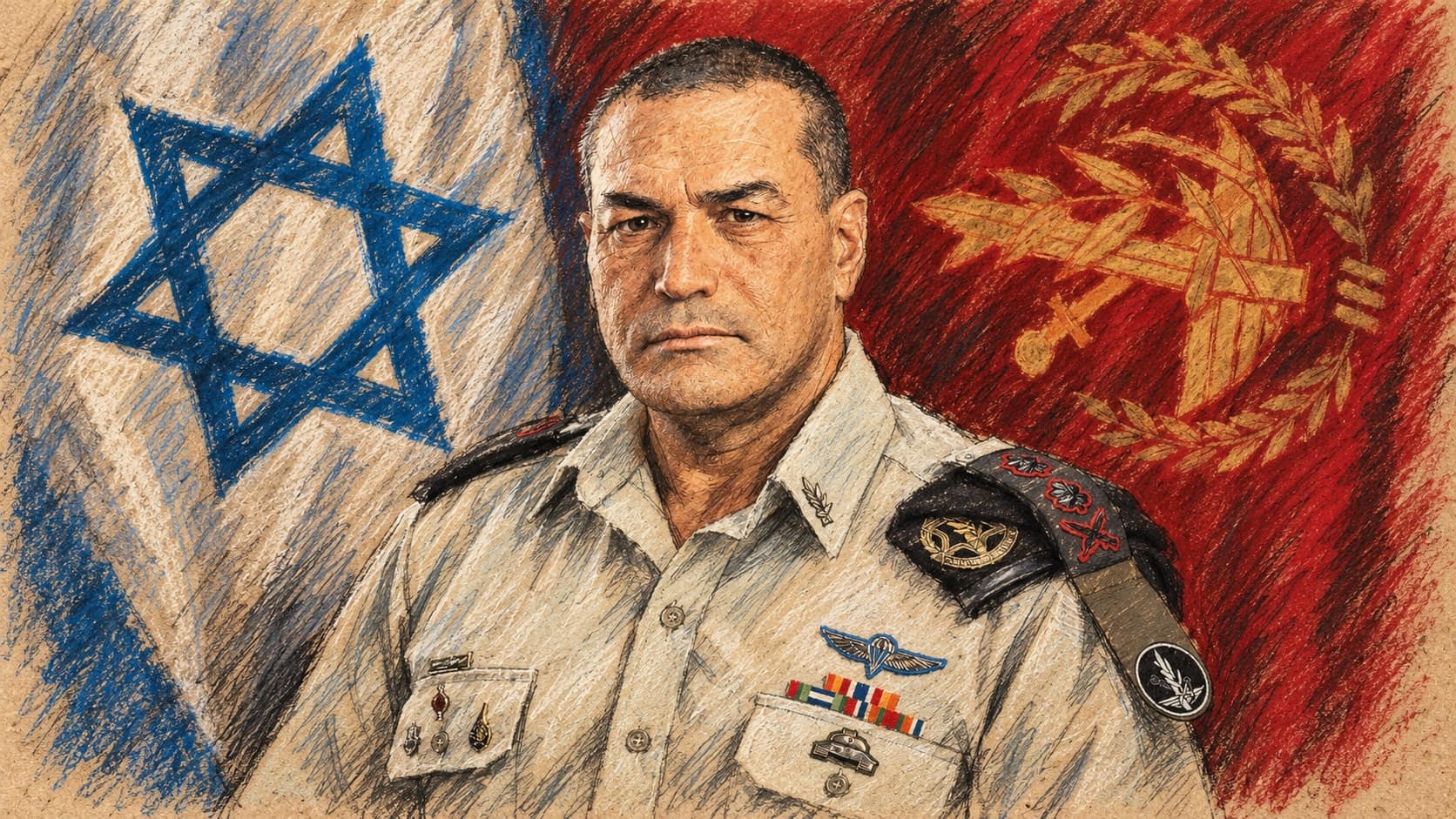 Courtroom-sketch editorial illustration of an archival March 2025 portrait of Eyal Zamir between an Israeli flag and a red backdrop; context for his approval of the space-brigade appointment