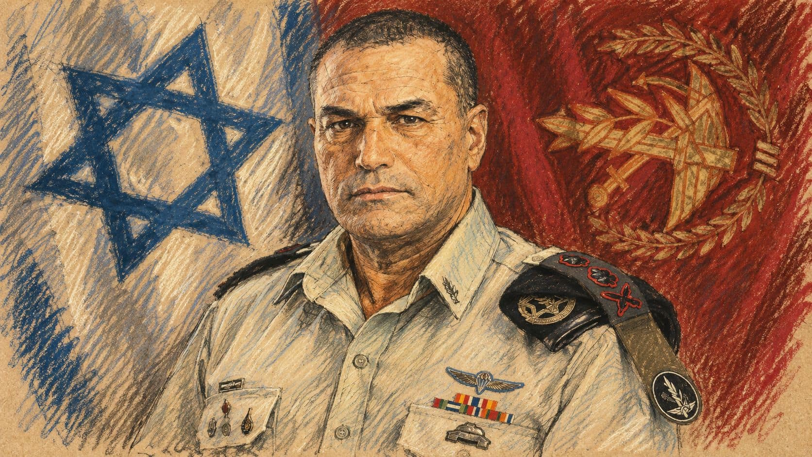 Courtroom-sketch editorial illustration of an archival March 2025 portrait of Eyal Zamir in uniform beside an Israeli flag and red backdrop; contextual portrait, not the October 20, 2026 Gaza Division drill.