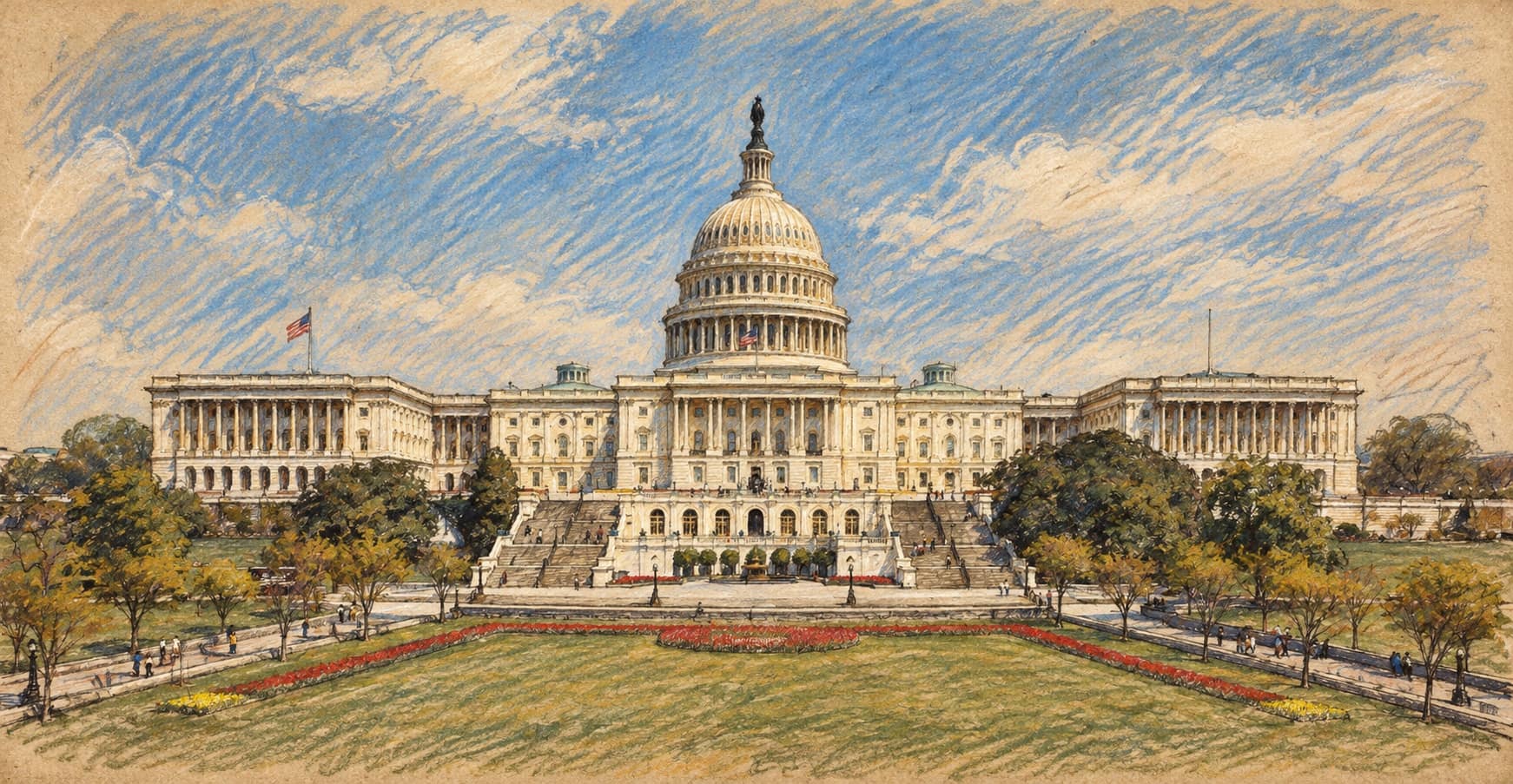 Courtroom-sketch editorial illustration of the United States Capitol west front and lawn, based on an archival exterior view as context for congressional elections.