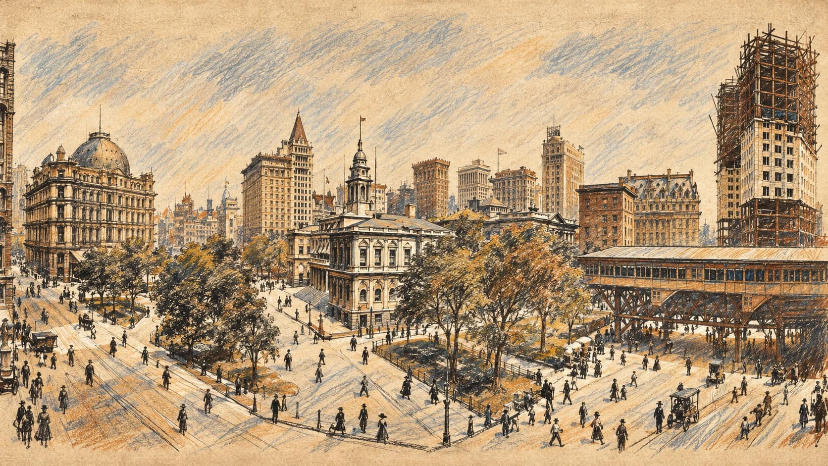 Courtroom-sketch editorial illustration of New York City Hall and City Hall Park in an archival circa-1911 view, used as context for the mayor’s office addressed by Akunis; it does not depict the October 2026 exchange.