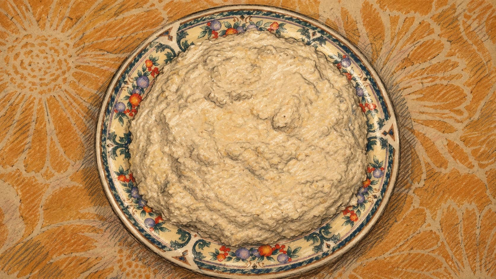 Courtroom-sketch editorial illustration of an archival plate of tahini paste, shown as context rather than the recalled product