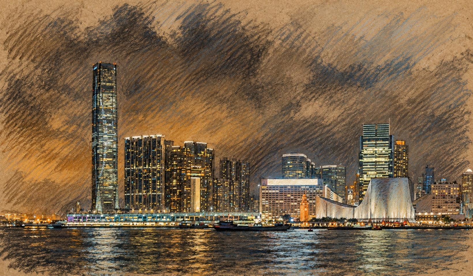 Courtroom-sketch editorial illustration of an archival 2013 nighttime view across Hong Kong's Victoria Harbour toward the Kowloon skyline, with the International Commerce Centre and waterfront towers, rendered in warm ochre and slate-blue pastel strokes. Contextual city view, not a depiction of the October 2026 APEC meeting.