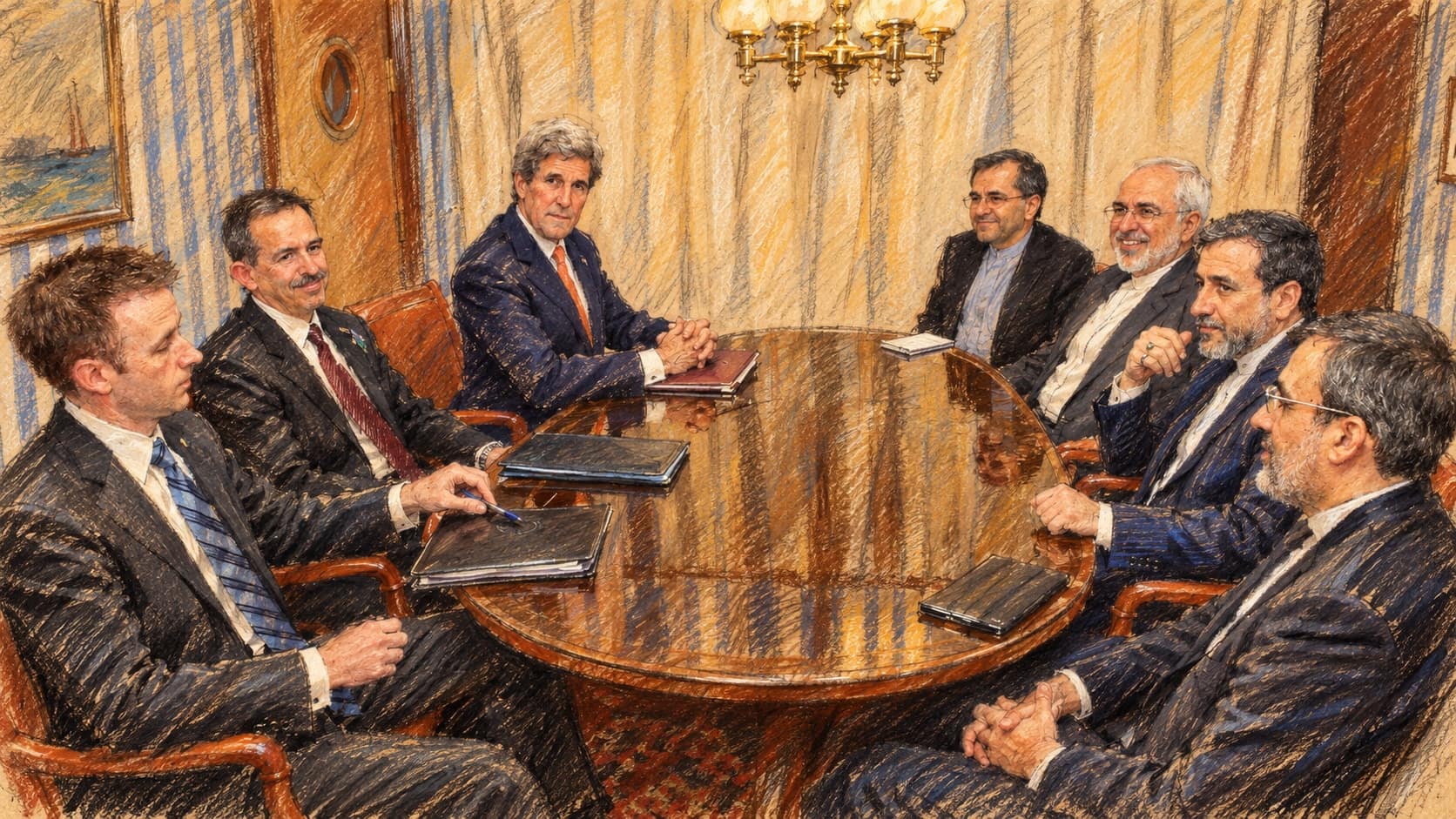 Courtroom-sketch editorial illustration of an archival June 2016 U.S.–Iran diplomatic meeting in Oslo, with Abbas Araghchi among the Iranian advisers seated across a wooden table from John Kerry and U.S. officials, rendered in warm ochre and slate-blue pastel strokes. Contextual historical scene, not a depiction of new talks or an October 2026 agreement.