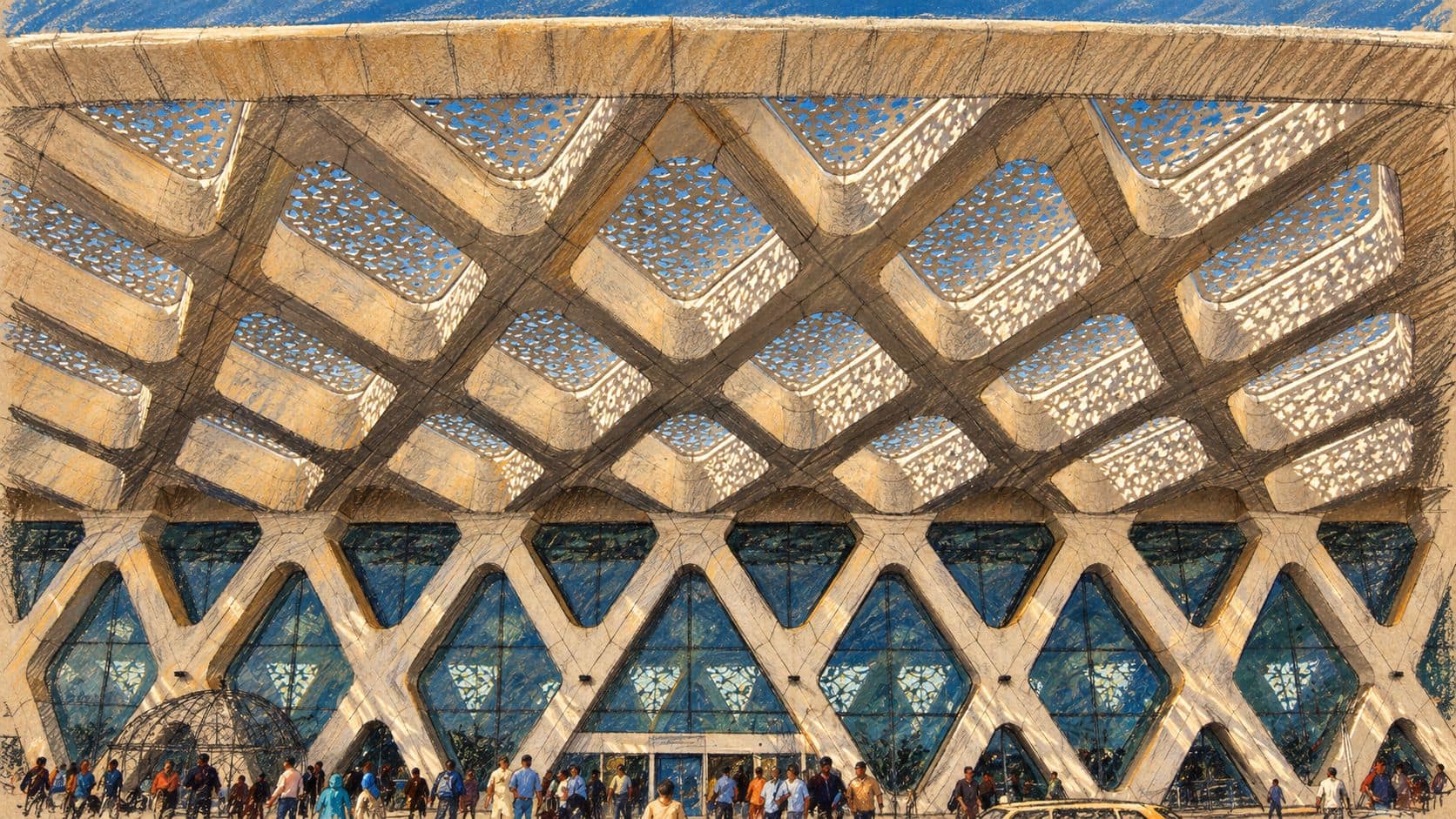 Courtroom-sketch editorial illustration of the geometric canopy and facade of Marrakech Menara Airport, based on a contextual 2010 photograph
