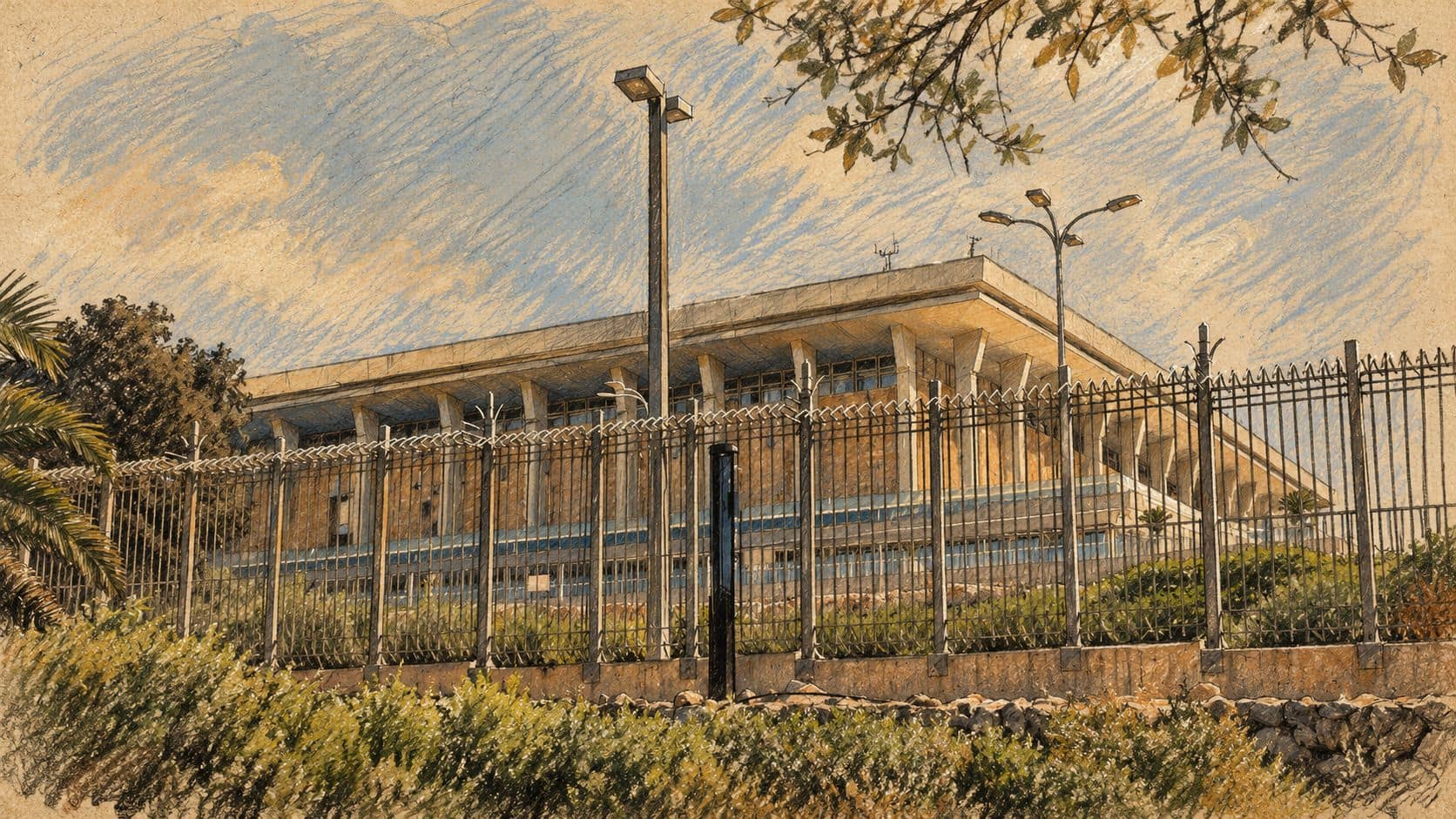 Courtroom-sketch editorial illustration of the Knesset exterior behind a fence and landscaping, an archival institutional view