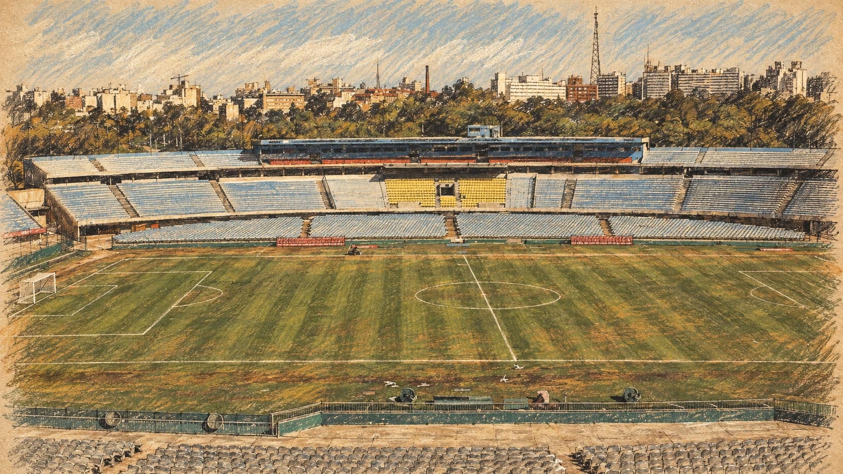 Courtroom-sketch editorial illustration of an archival May 2014 elevated view of the empty pitch and seating tiers at Estadio Centenario in Montevideo, with trees and city buildings beyond, rendered in warm ochre and slate-blue pastel strokes. Venue context, not a depiction of the October 2026 semifinal.