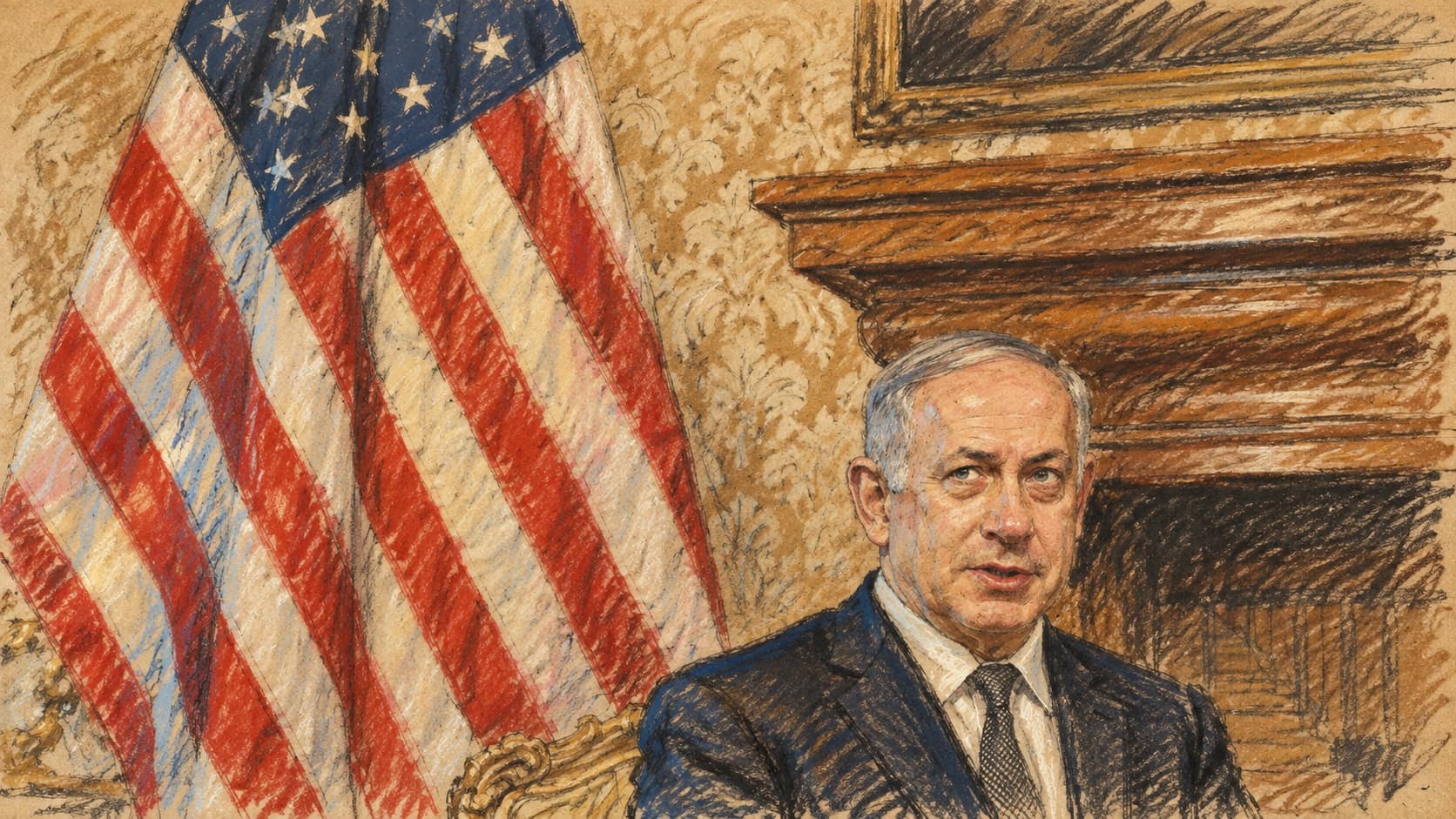 Courtroom-sketch editorial illustration of Benjamin Netanyahu seated beside an American flag in Rome in 2016; archival context for the attorney general’s broadcast direction.
