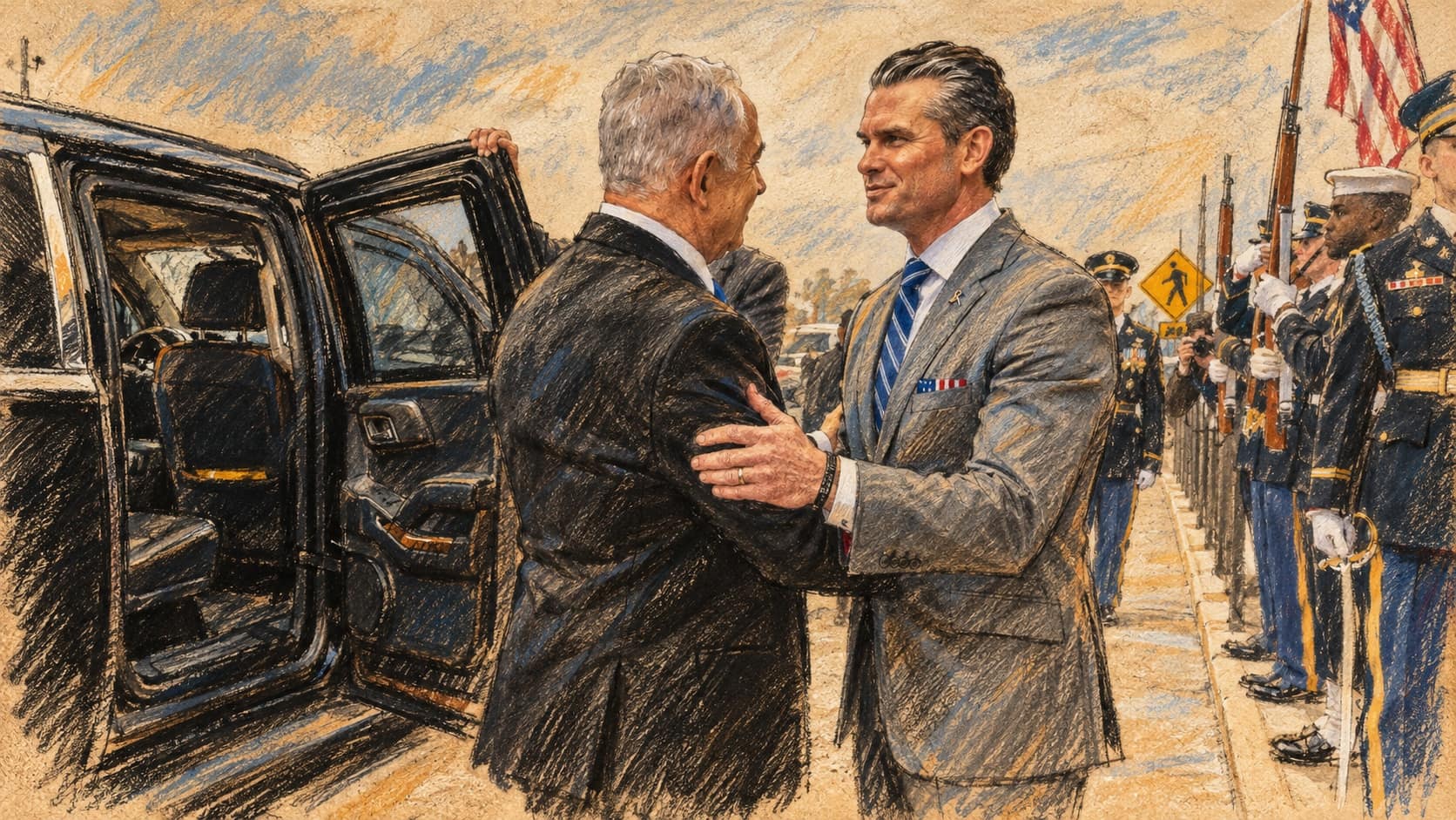 Courtroom-sketch editorial illustration of an archival February 2025 greeting between Benjamin Netanyahu and Pete Hegseth beside a vehicle at the Pentagon.