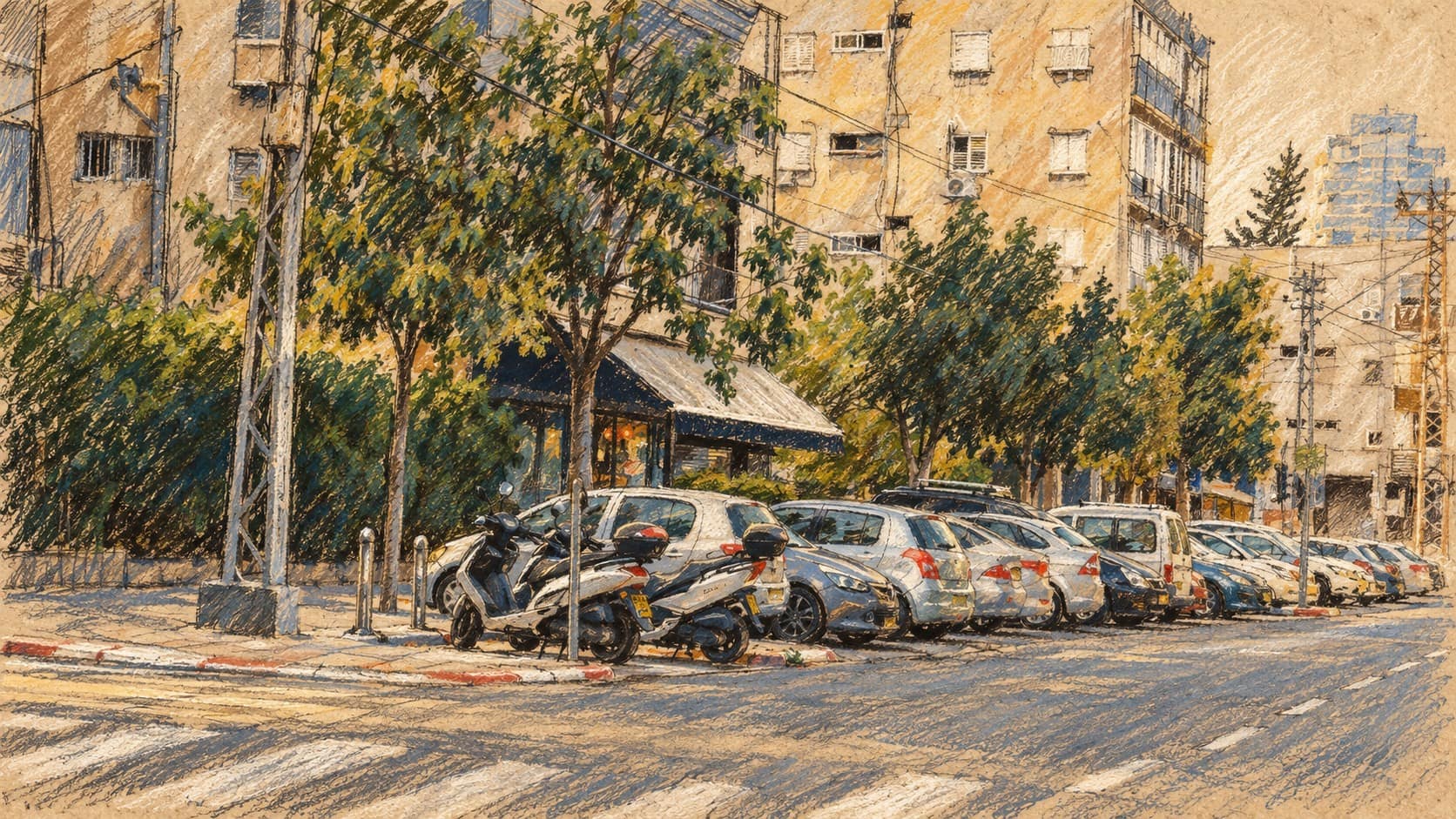 Courtroom-sketch editorial illustration of an archival 2016 Tel Aviv residential street with apartment buildings, trees and parked vehicles, used as contextual housing imagery.