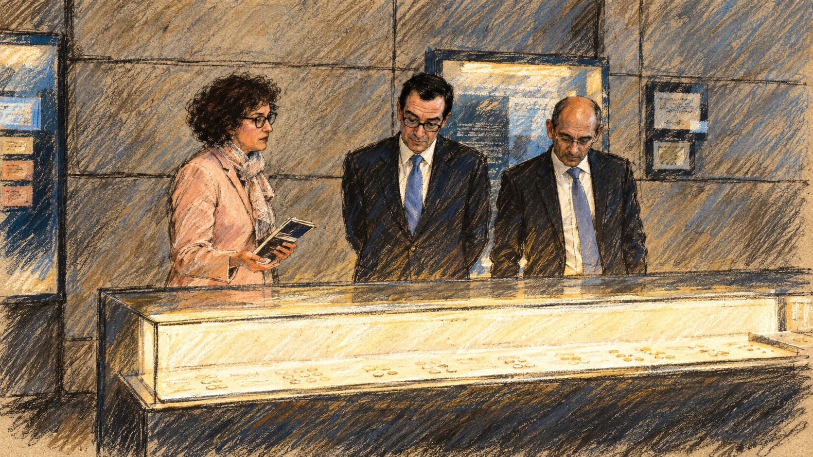 Courtroom-sketch editorial illustration of an archival 2019 visit by Bank of Israel Governor Amir Yaron and Steven Mnuchin, looking into a display case with a guide; contextual imagery for monetary policy
