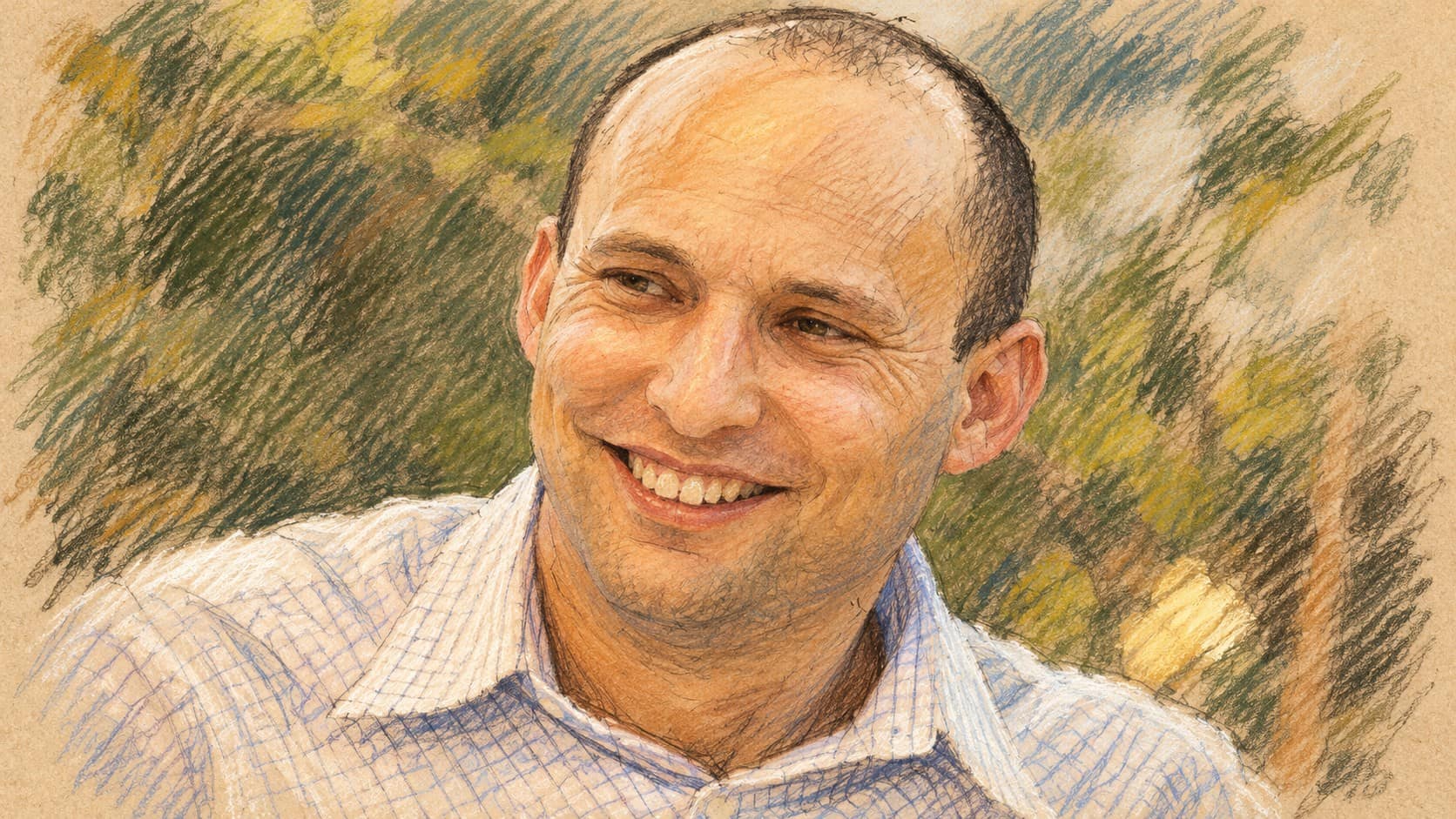 Courtroom-sketch editorial illustration of an archival portrait of Naftali Bennett in a pale checked shirt against a soft outdoor background