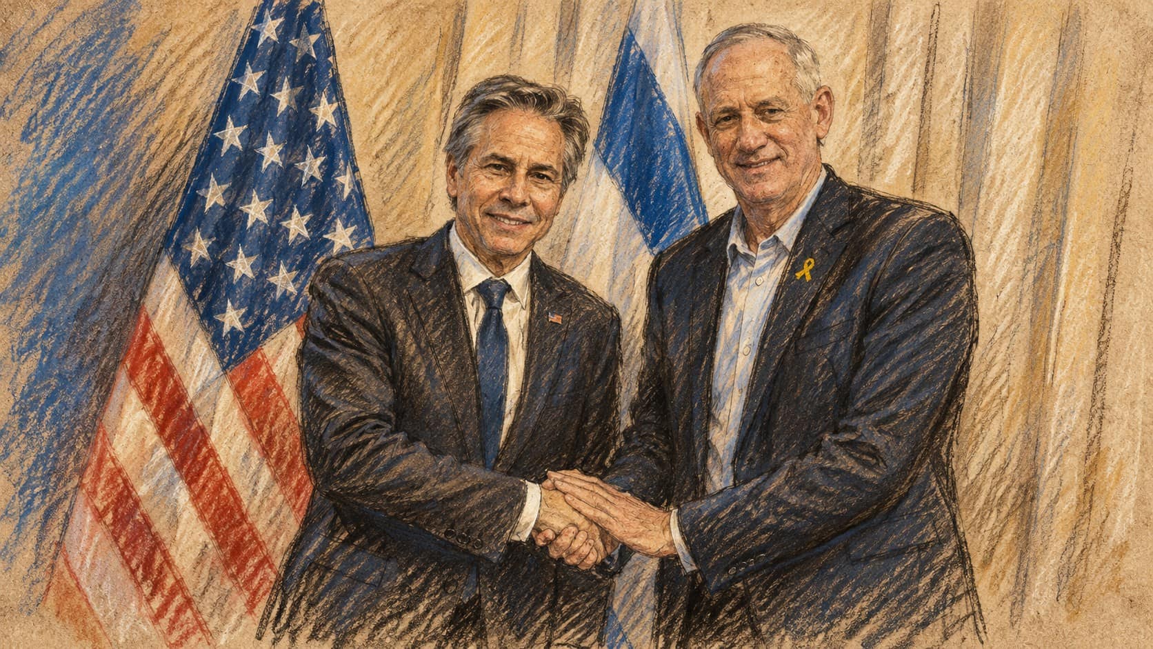 Courtroom-sketch editorial illustration of an archival diplomatic portrait of Benny Gantz at right shaking hands with Antony Blinken before Israeli and U.S. flags