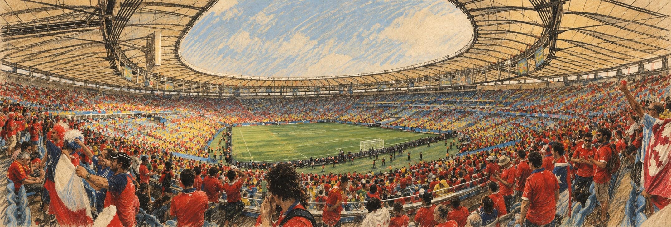 Courtroom-sketch editorial illustration of an archival June 2014 panoramic interior view of Rio de Janeiro’s Maracanã stadium, with the football pitch beneath the sweeping roof and spectators in the stands, rendered in warm ochre and slate-blue pastel strokes. Contextual venue illustration, not a depiction of the October 2026 Boca Juniors–Vasco match.