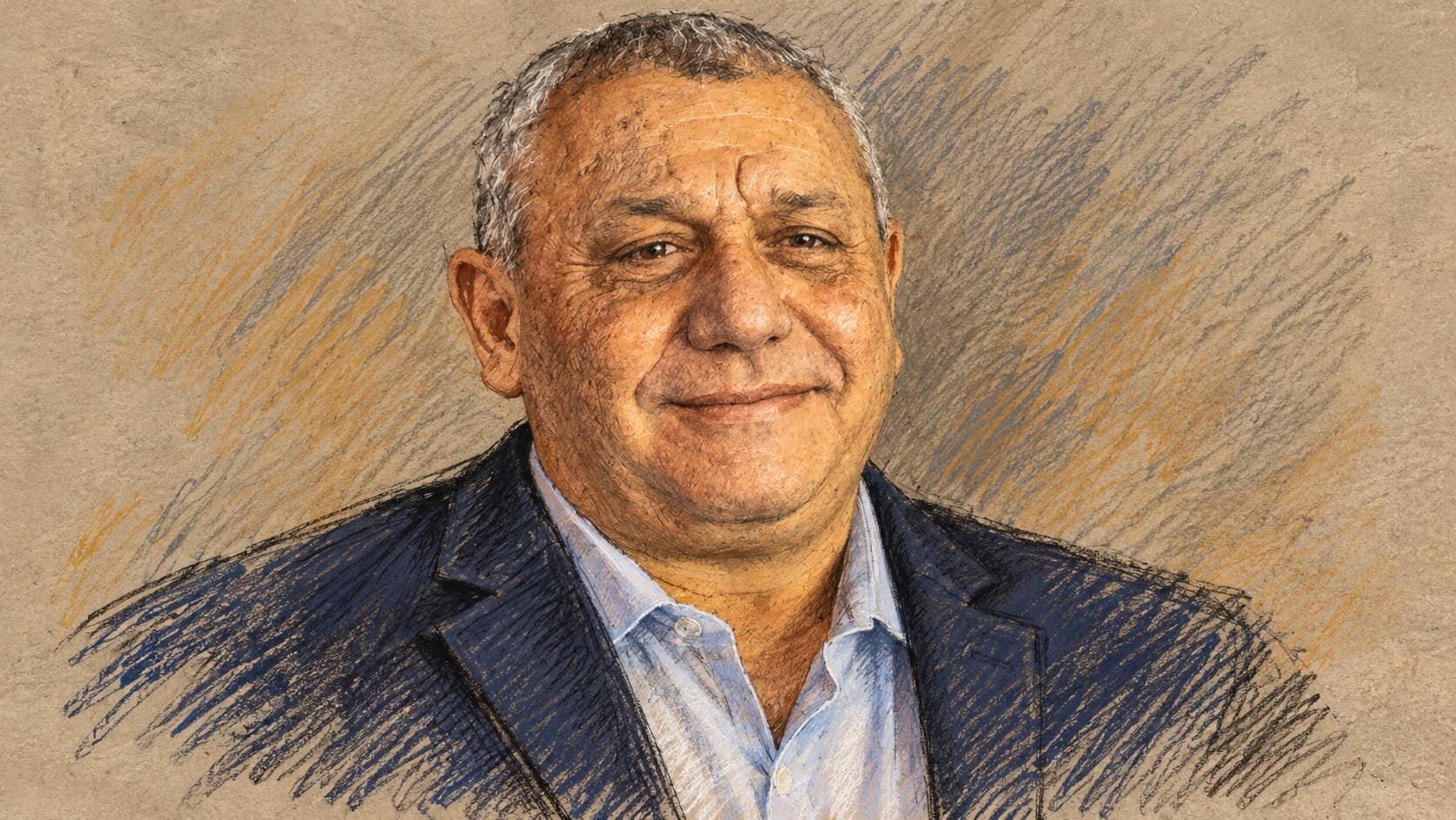 Courtroom-sketch editorial illustration of an archival February 2024 portrait of Gadi Eisenkot in a dark suit and light blue shirt, providing context for Chikli’s October 21 political criticism.