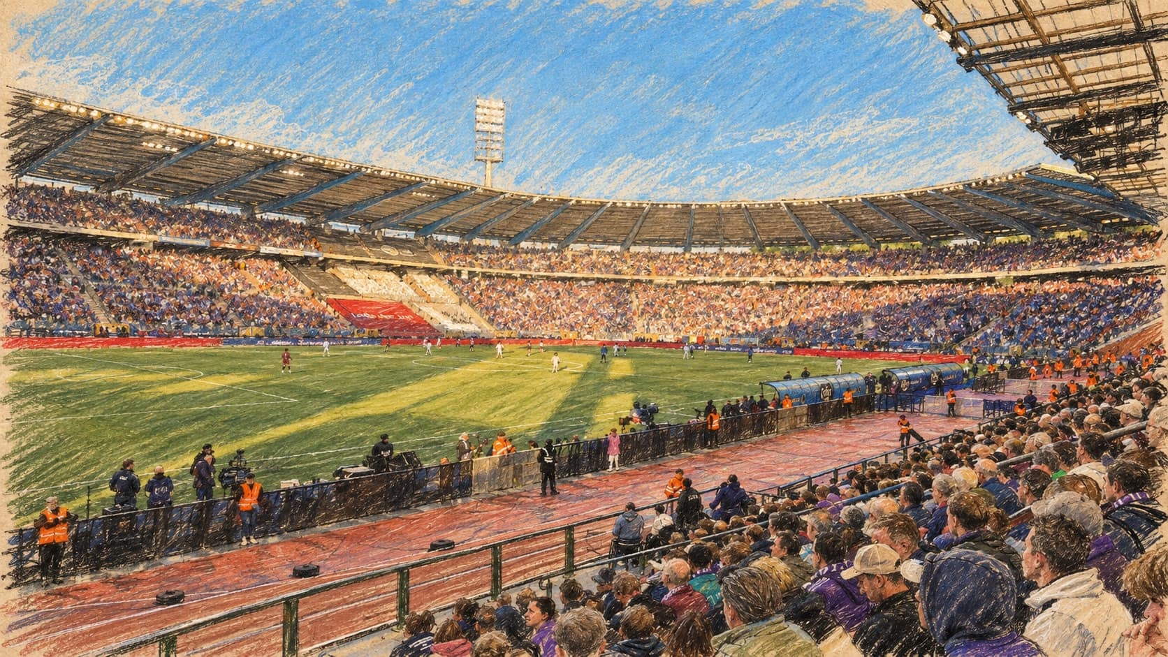 Courtroom-sketch editorial illustration of an archival May 2025 Belgian Cup final between Club Brugge and Anderlecht, viewed from crowded stands beside the running track and football pitch, rendered in warm ochre and slate-blue pastel strokes. Contextual club football scene, not the October 2026 match against Lens.