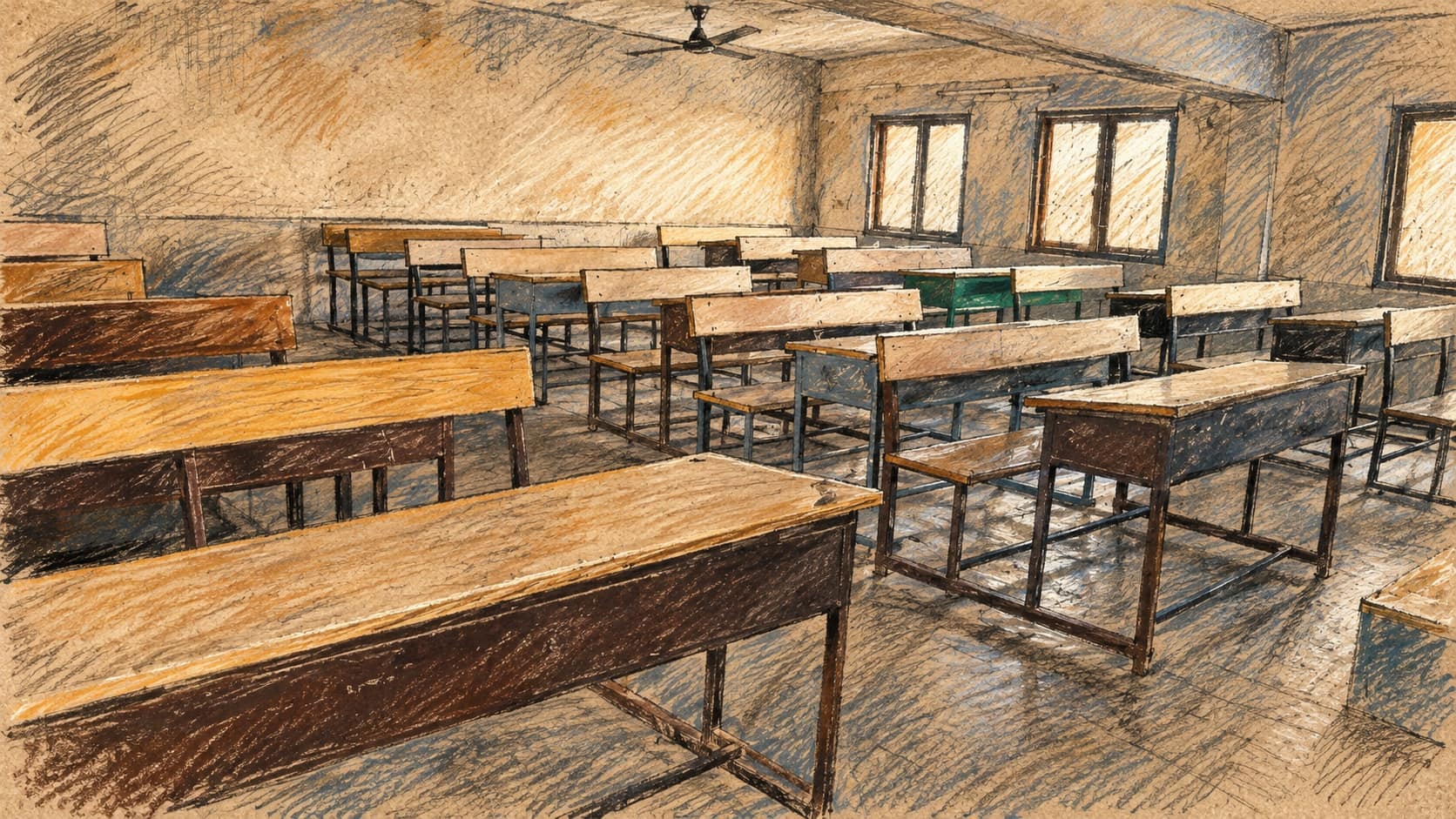 Courtroom-sketch editorial illustration of an archival empty classroom with wooden desks and windows, used as thematic context for education data rather than a depiction of the 2025 exams
