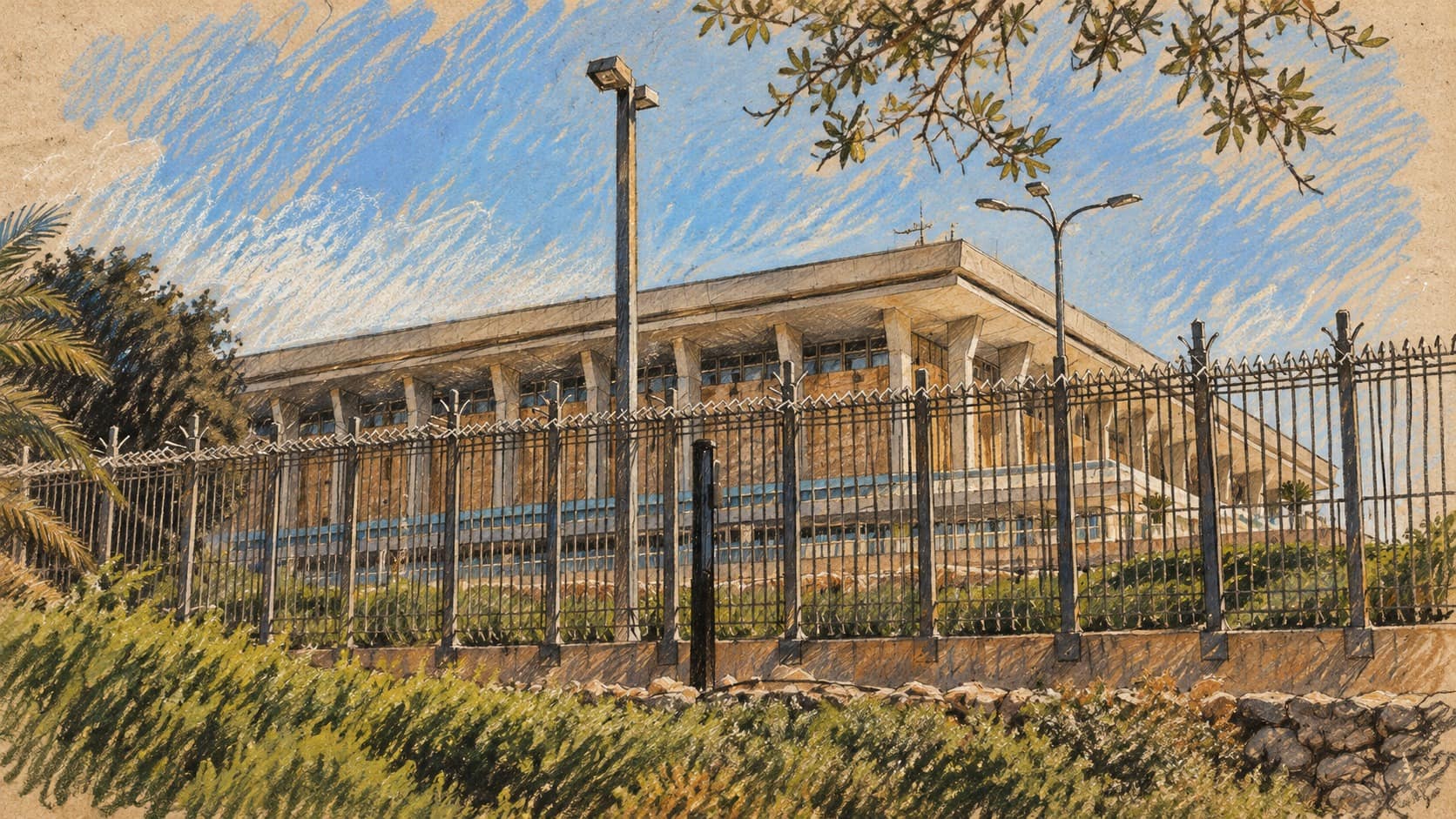 Courtroom-sketch editorial illustration of an archival July 2018 view of the Knesset building behind a metal fence and shrubs in Jerusalem, providing institutional context for the election and October 7 inquiry call.