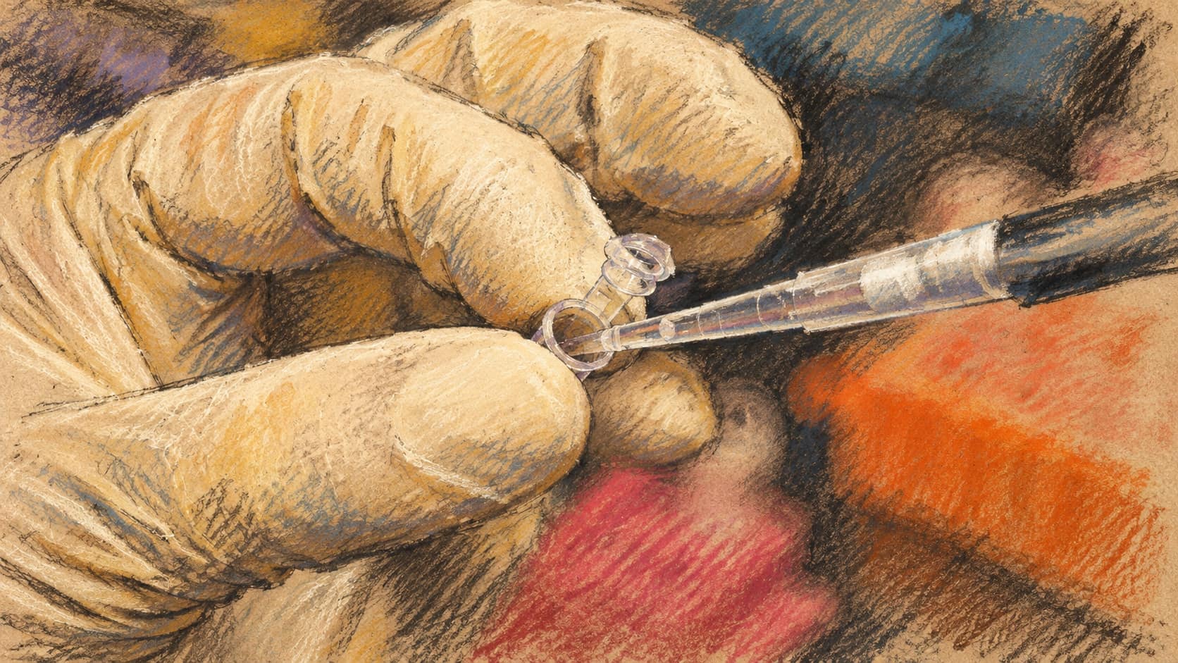 Courtroom-sketch editorial illustration of a pipette and micro test tube held by gloved hands, based on an archival DNA laboratory photograph for context