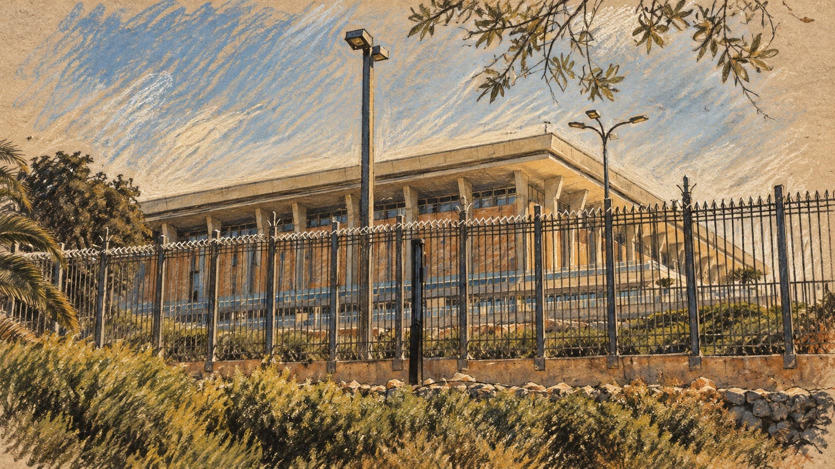 Courtroom-sketch editorial illustration of the Knesset building behind its perimeter fence, an archival institutional view
