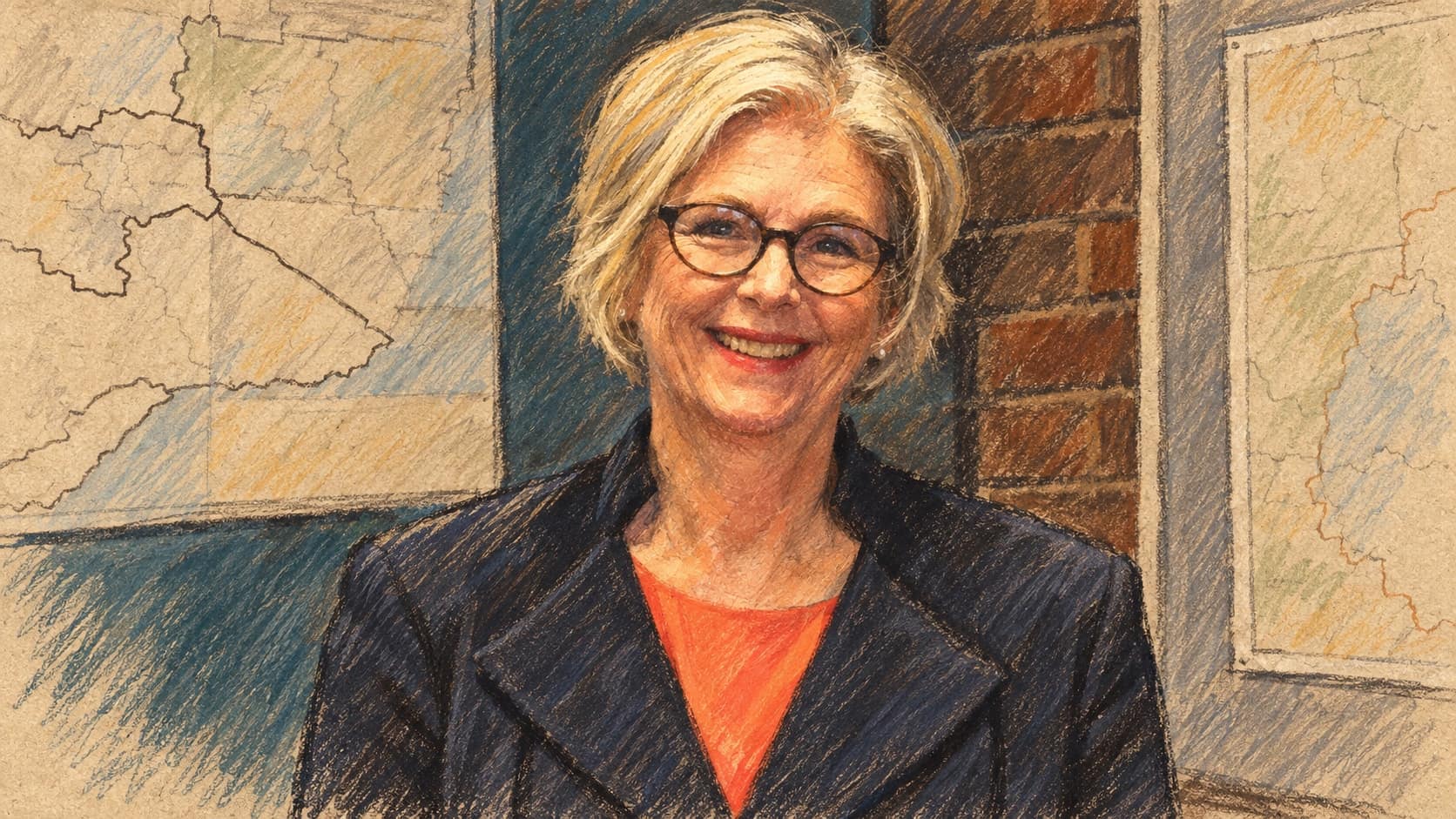 Courtroom-sketch editorial illustration of an archival June 2022 portrait of Helen Haines wearing glasses and a dark blazer over an orange top, with electoral maps behind her, rendered in warm ochre and slate-blue pastel strokes. Contextual portrait, not a depiction of her hospitalization or the October 2026 attack.