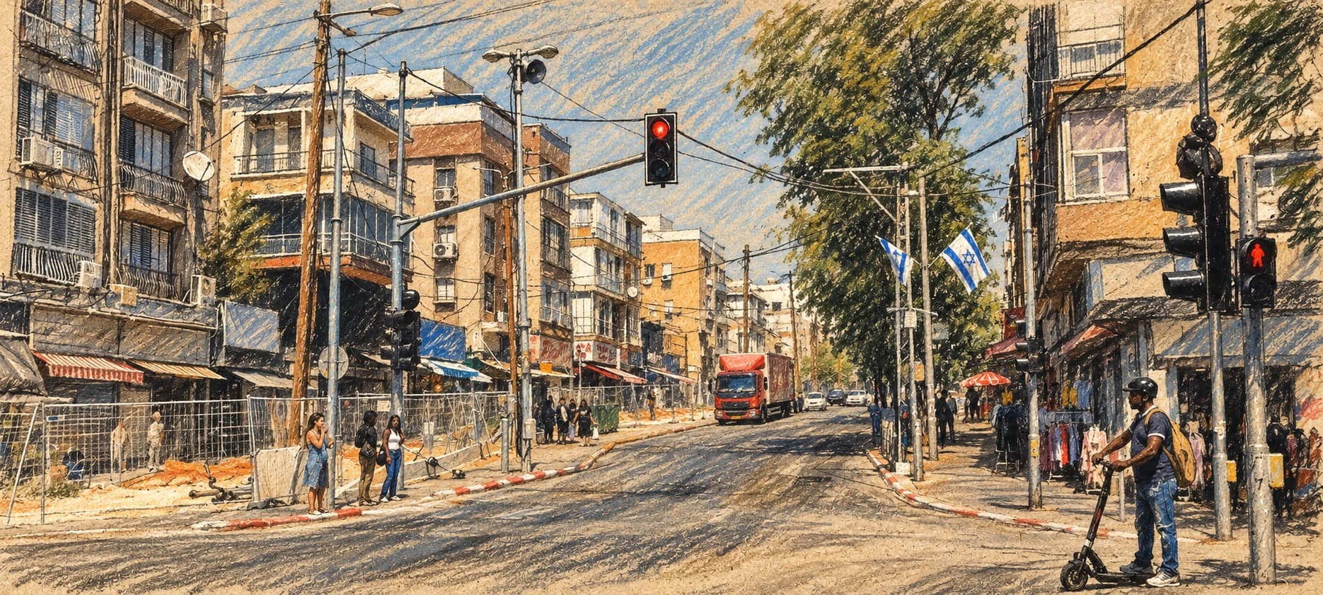 Courtroom-sketch editorial illustration of Sokolov Street in Holon, an archival city view with buildings, a truck and pedestrians