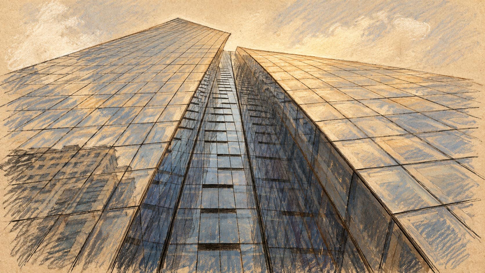 Courtroom-sketch editorial illustration of the reflective glass facades of Azrieli Sarona Tower in Tel Aviv, based on an archival photograph used as financial-district context; it does not depict IBI premises or the fund closure.