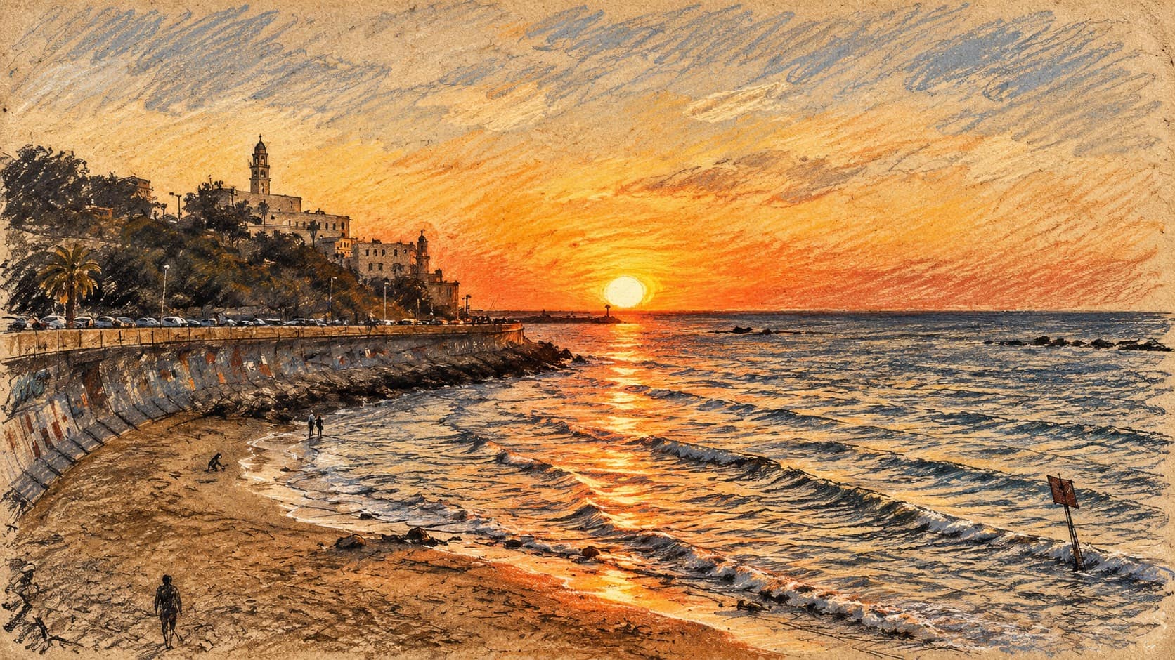Courtroom-sketch editorial illustration of an archival sunset over the Mediterranean coast at Tel Aviv-Yafo, used as coastal context for the forecast