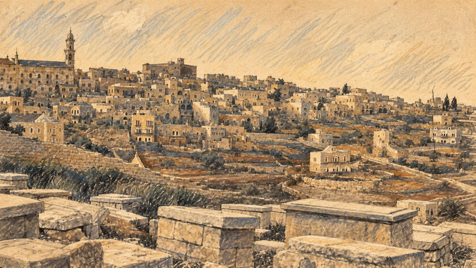 Courtroom-sketch editorial illustration of an archival early twentieth-century view of Bethlehem, with stone rooftops and hillside buildings; contextual city view, not a depiction of the arrest.