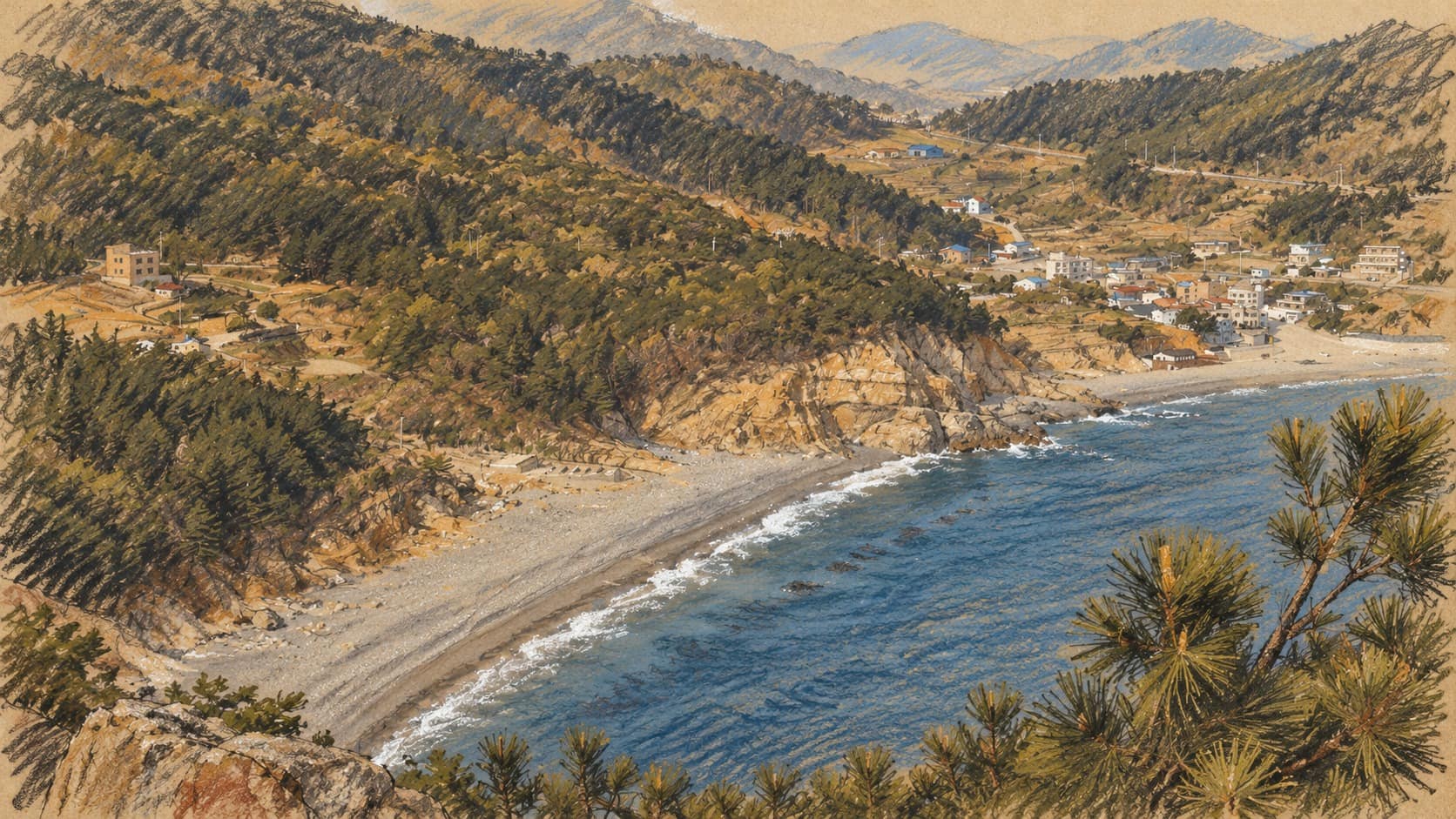 Courtroom-sketch editorial illustration of a Geoje Island beach and forested coastline, based on an archival 2006 photograph for geographical context
