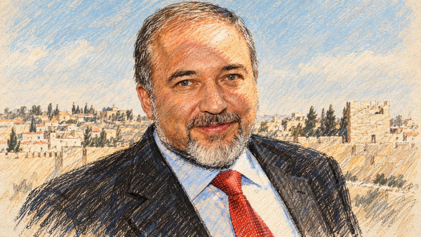 Courtroom-sketch editorial illustration of an archival September 2010 portrait of Avigdor Liberman in a suit and tie with Jerusalem rooftops behind him; contextual portrait, not a depiction of his October 2026 meeting with Gadi Eisenkot.