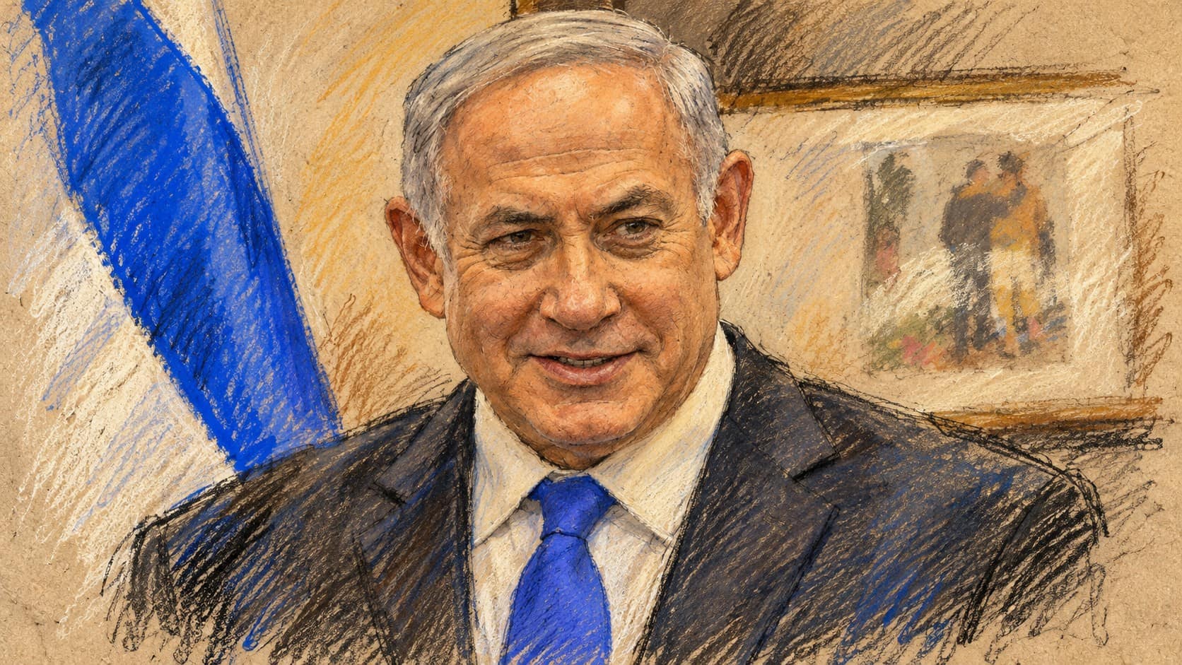 Courtroom-sketch editorial illustration of an archival April 2018 portrait of Benjamin Netanyahu in a dark suit and blue tie, providing context for Likud’s October 2026 criticism of Ben Gvir.