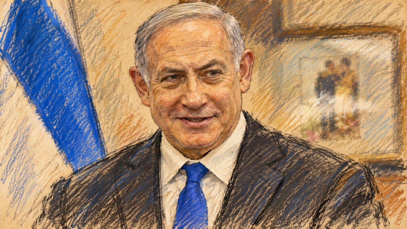 Courtroom-sketch editorial illustration of an archival 2018 portrait of Benjamin Netanyahu in a dark suit and blue tie beside an Israeli flag, used as political context rather than depicting the reported Likud discussions.