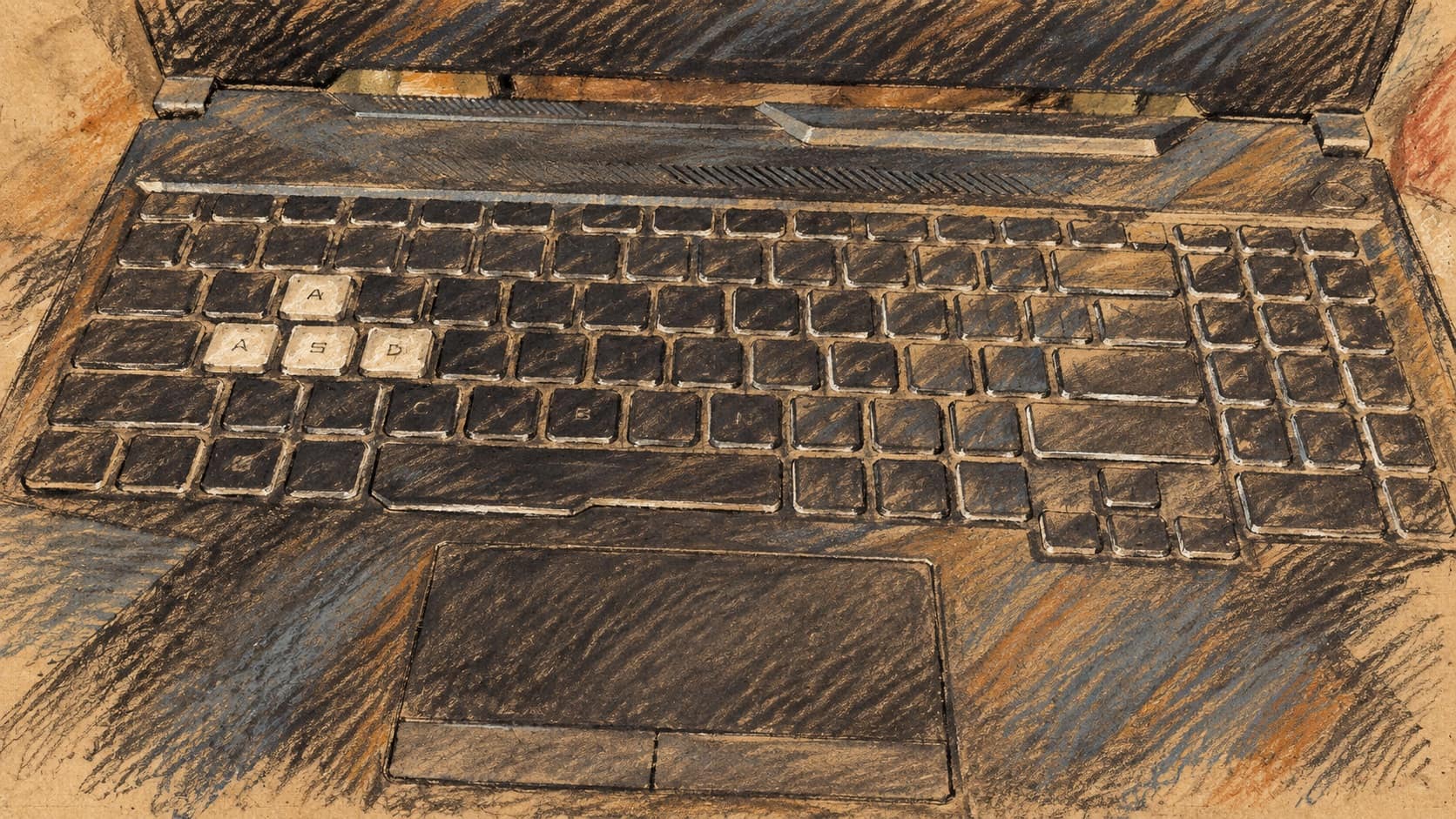 Courtroom-sketch editorial illustration of a laptop keyboard and trackpad, providing general context for digital public services