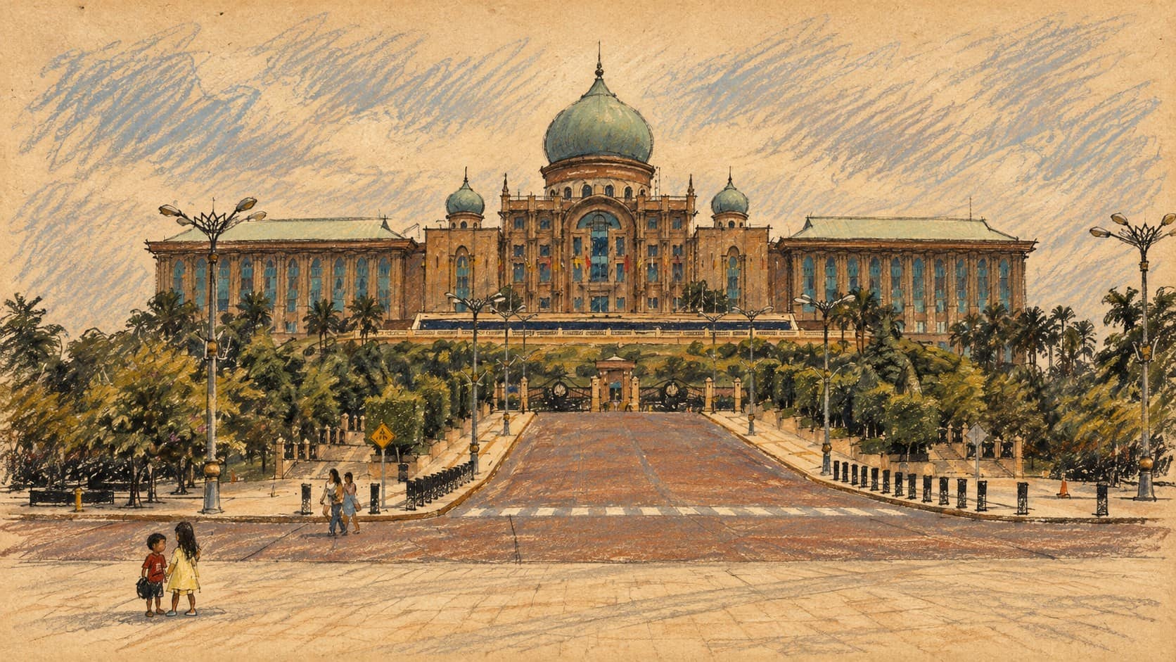 Courtroom-sketch editorial illustration of an archival December 2006 view of the domed Perdana Putra government building in Putrajaya, Malaysia, providing institutional context for the Waze directive.